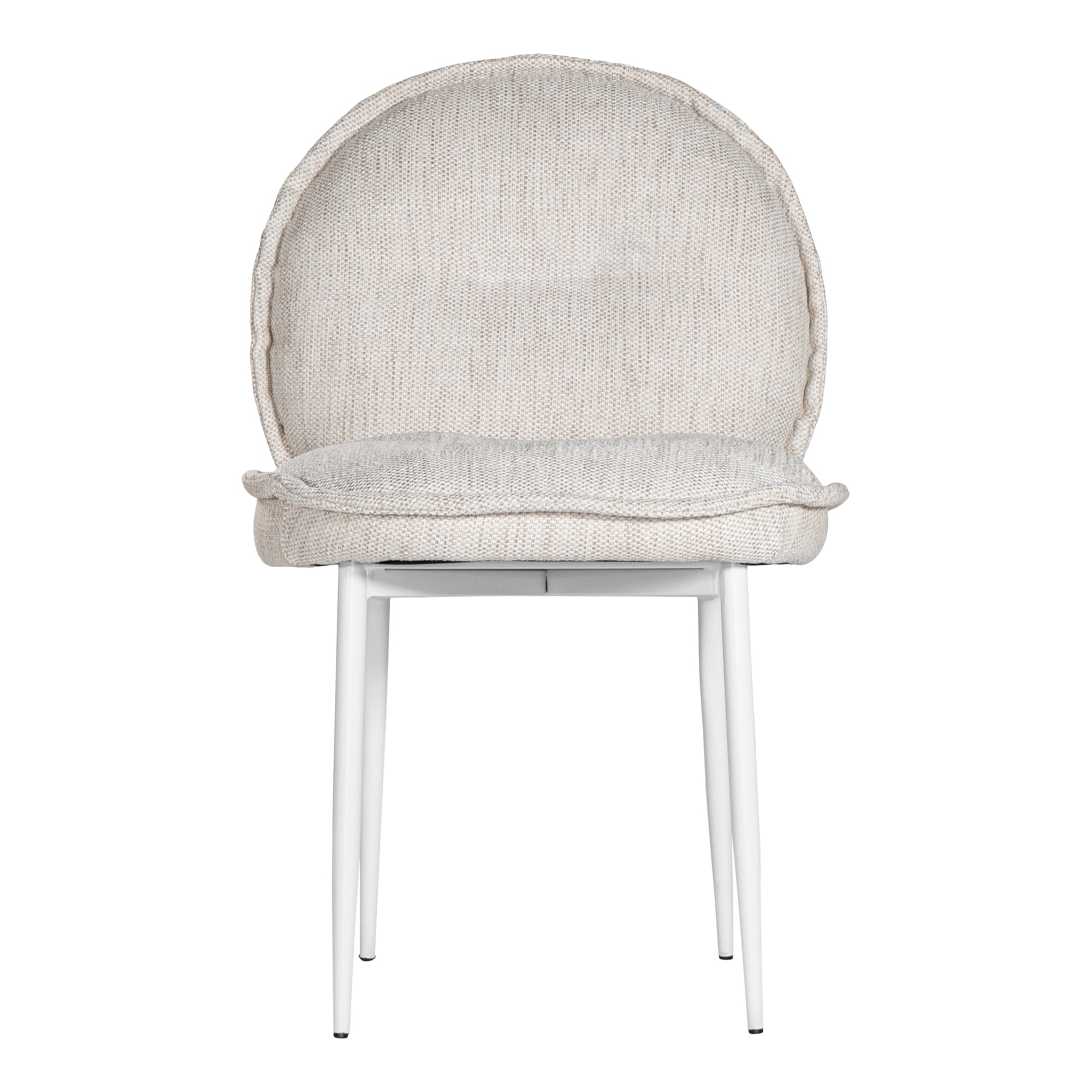 Contemporary natural upholstered dining chair with a plush, rounded backrest and cushioned seat, supported by sleek black metal legs for a sophisticated modern look