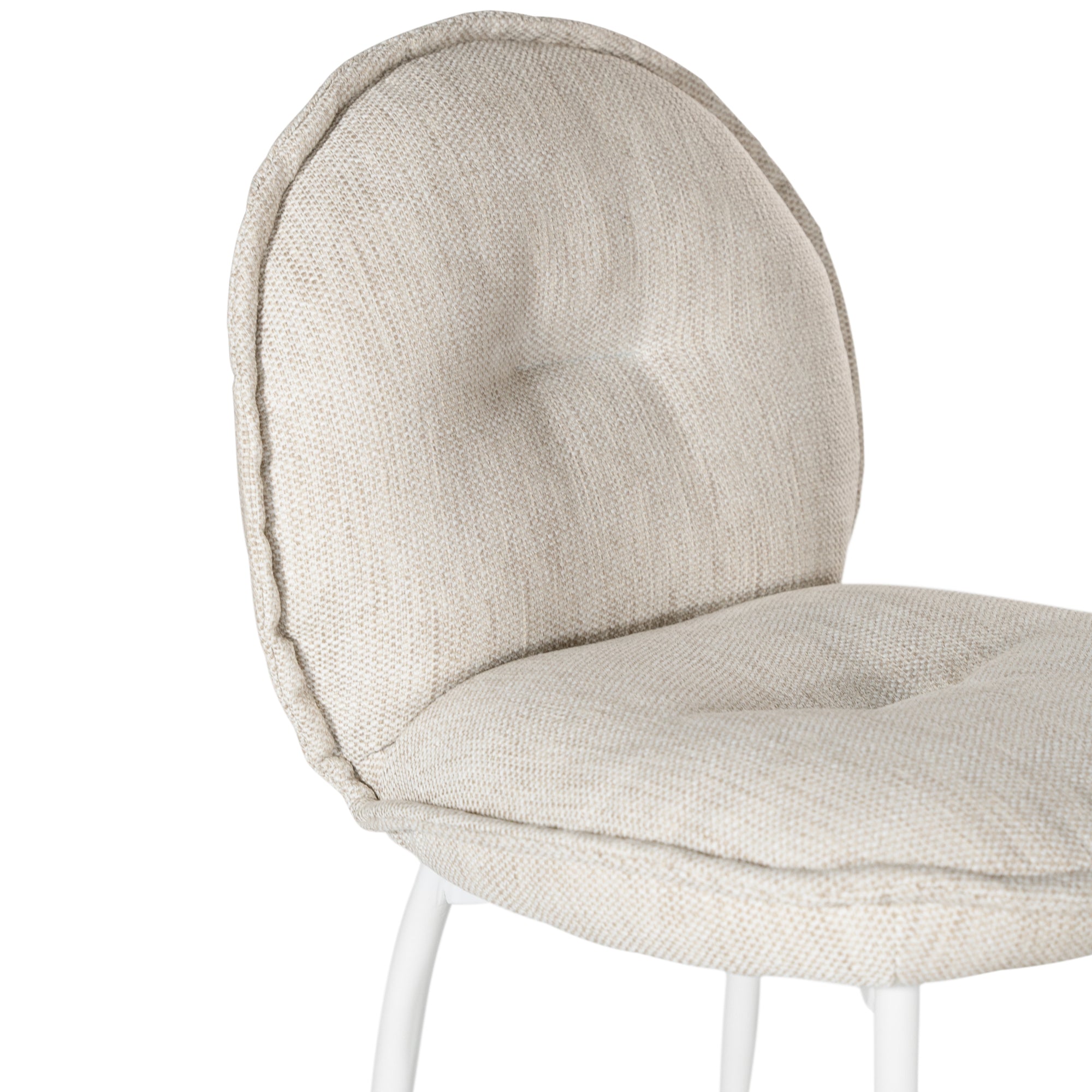 Contemporary natural upholstered dining chair with a plush, rounded backrest and cushioned seat, supported by sleek black metal legs for a sophisticated modern look