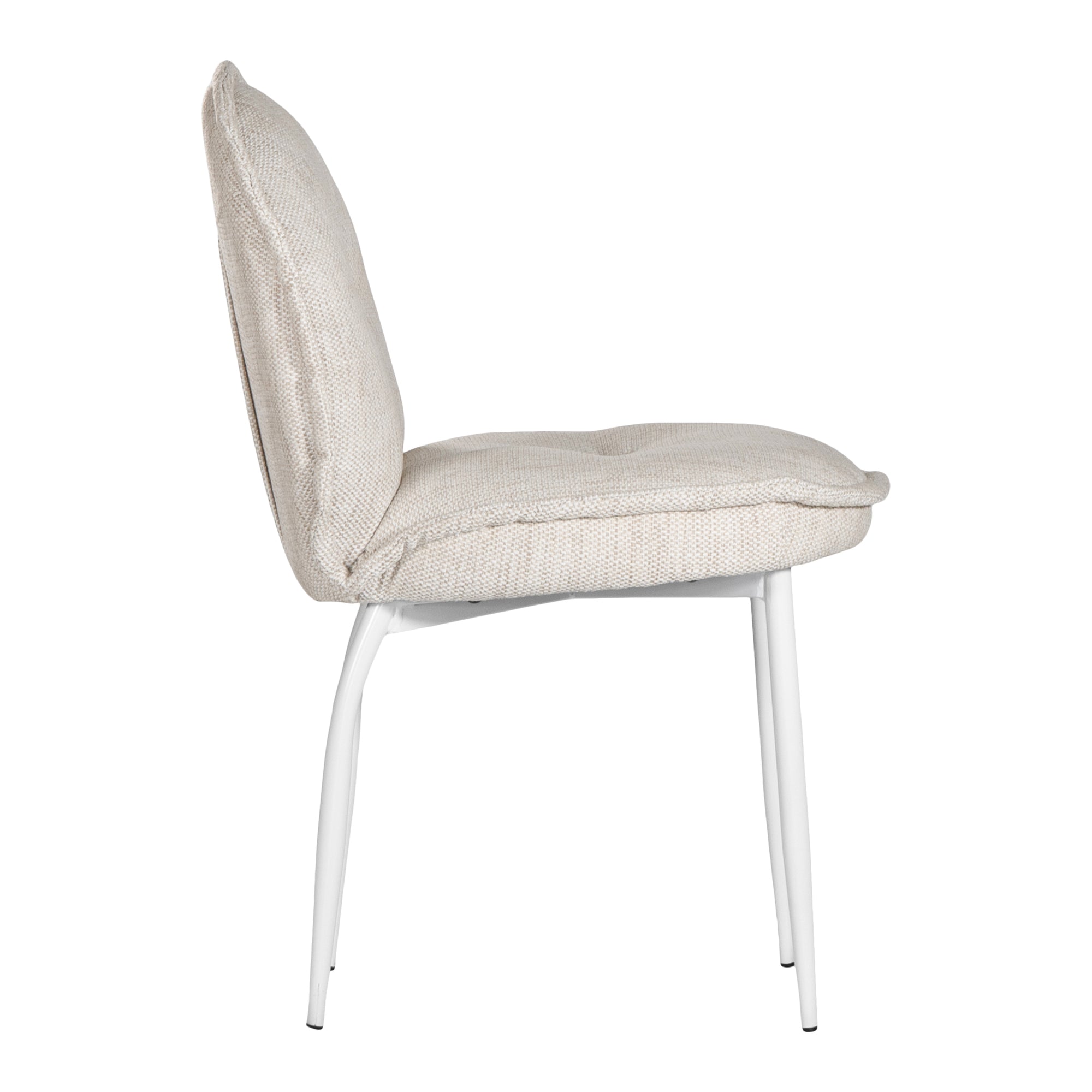 Contemporary natural upholstered dining chair with a plush, rounded backrest and cushioned seat, supported by sleek black metal legs for a sophisticated modern look