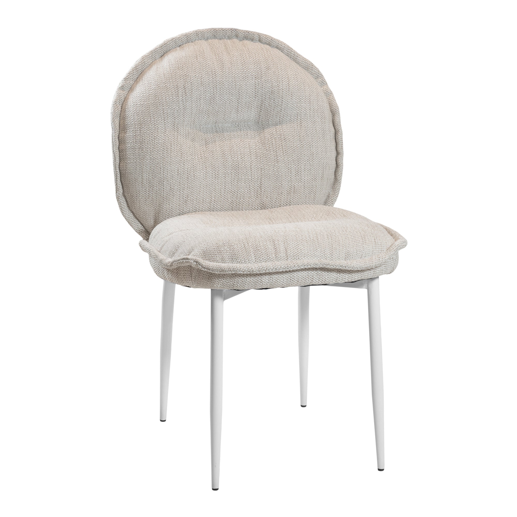 Contemporary natural upholstered dining chair with a plush, rounded backrest and cushioned seat, supported by sleek black metal legs for a sophisticated modern look
