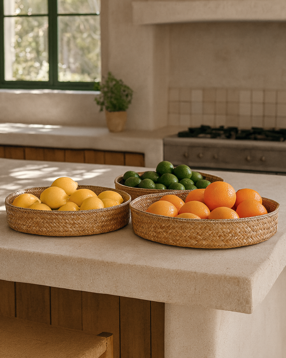 Three woven natural fibre trays filled with lemons, limes, and oranges styled on a rendered kitchen bench in a Mediterranean-inspired space with soft filtered light.