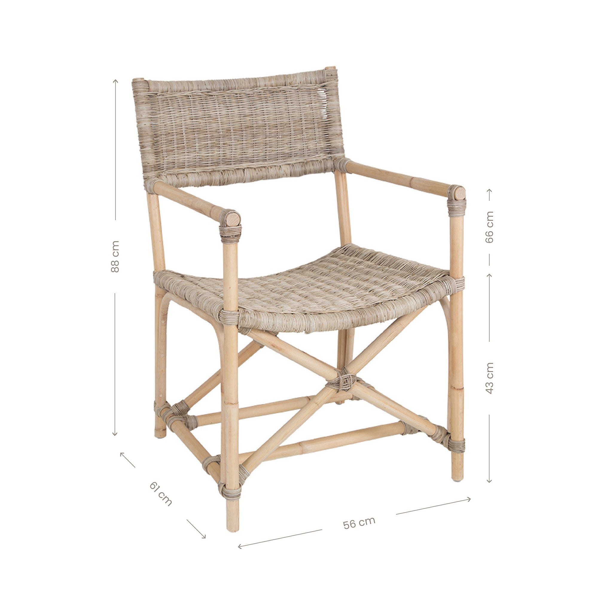 Natural wicker armchair with armrests and a sturdy cross-frame base, showcasing a contemporary design suitable for indoor or outdoor dining spaces.