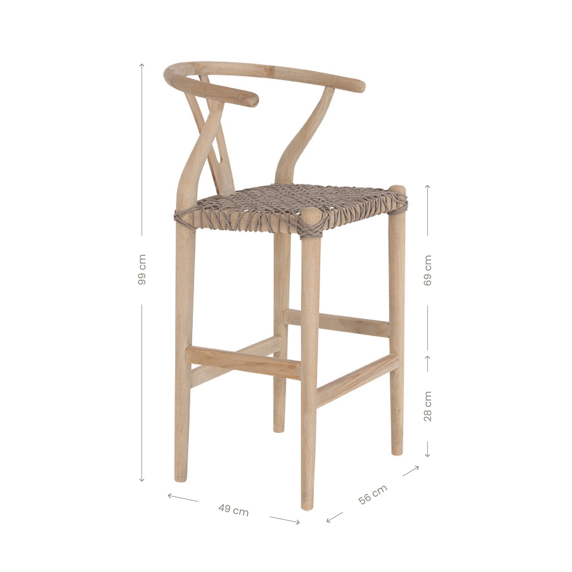 A natural wood bar stool with a handwoven seat, featuring a curved backrest and a minimalist frame. Perfect for coastal and contemporary interiors, adding texture and warmth to any space