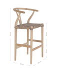 A natural wood bar stool with a handwoven seat, featuring a curved backrest and a minimalist frame. Perfect for coastal and contemporary interiors, adding texture and warmth to any space