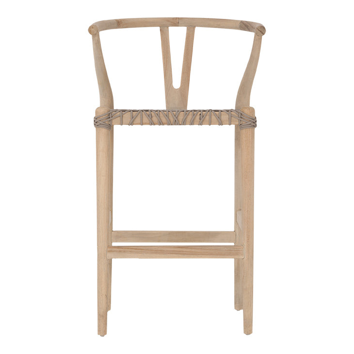 A natural wood bar stool with a handwoven seat, featuring a curved backrest and a minimalist frame. Perfect for coastal and contemporary interiors, adding texture and warmth to any space