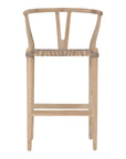 A natural wood bar stool with a handwoven seat, featuring a curved backrest and a minimalist frame. Perfect for coastal and contemporary interiors, adding texture and warmth to any space