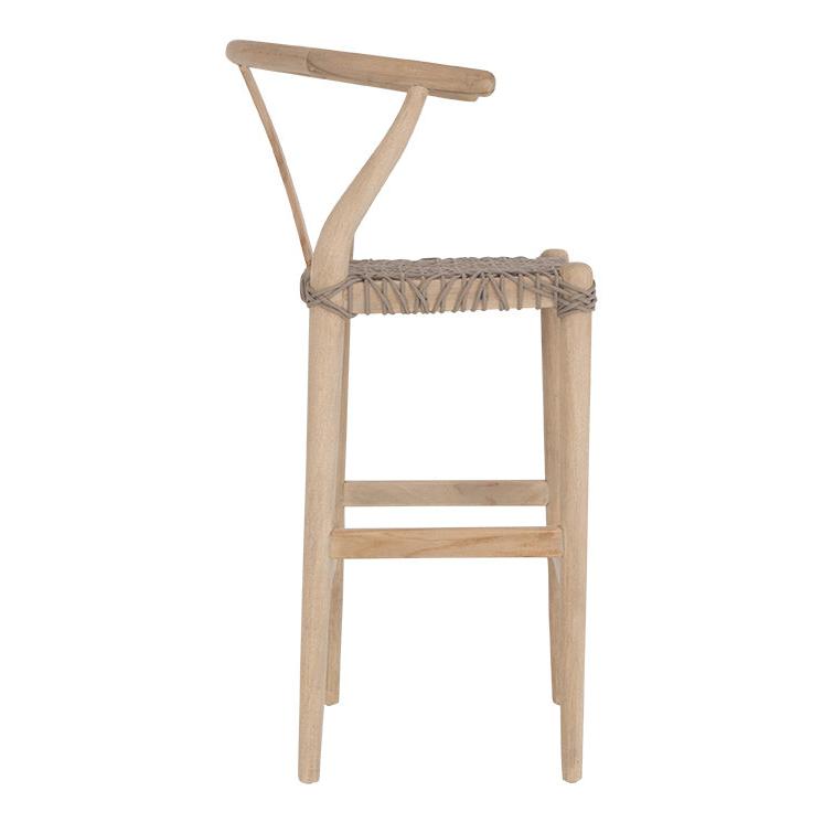 A natural wood bar stool with a handwoven seat, featuring a curved backrest and a minimalist frame. Perfect for coastal and contemporary interiors, adding texture and warmth to any space