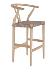 A natural wood bar stool with a handwoven seat, featuring a curved backrest and a minimalist frame. Perfect for coastal and contemporary interiors, adding texture and warmth to any space