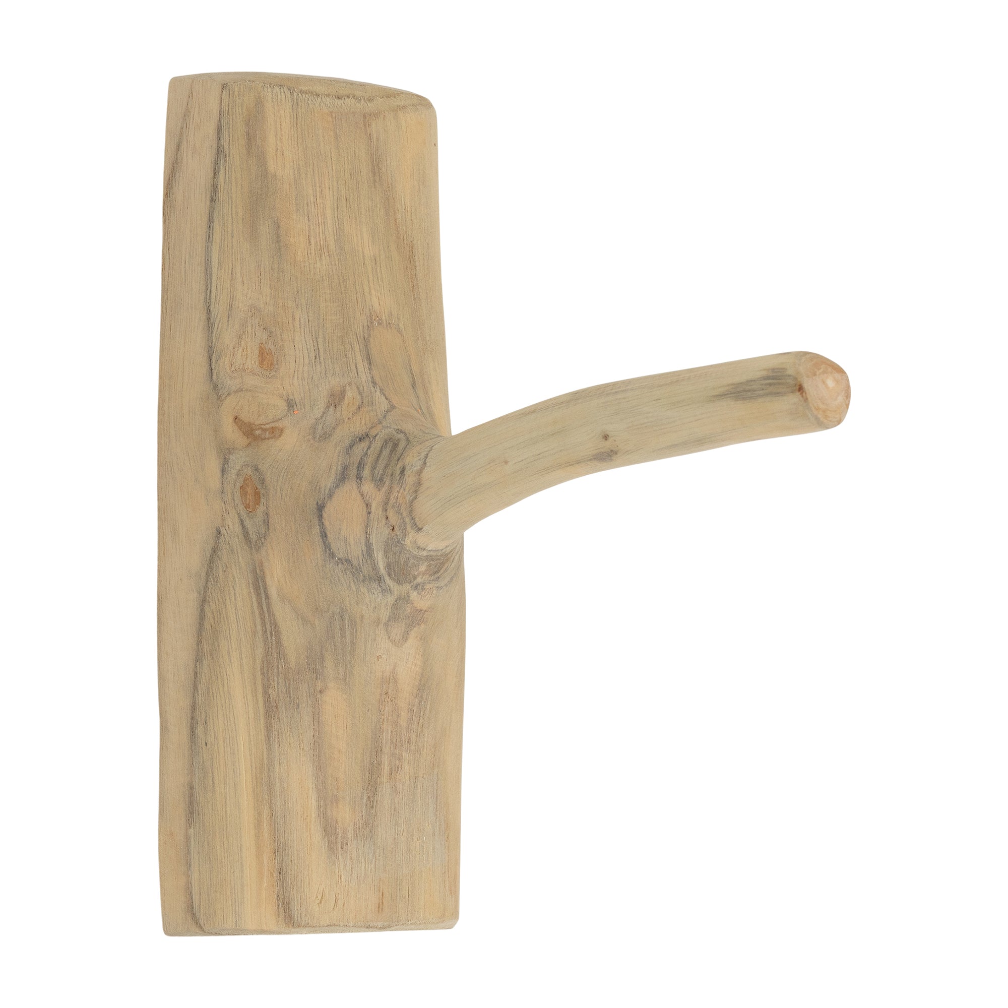 A handcrafted natural wood wall hook with a rustic finish, showcasing organic grain patterns and a sturdy design. Perfect for hanging towels, bags, or decor in a minimalist or coastal-inspired space