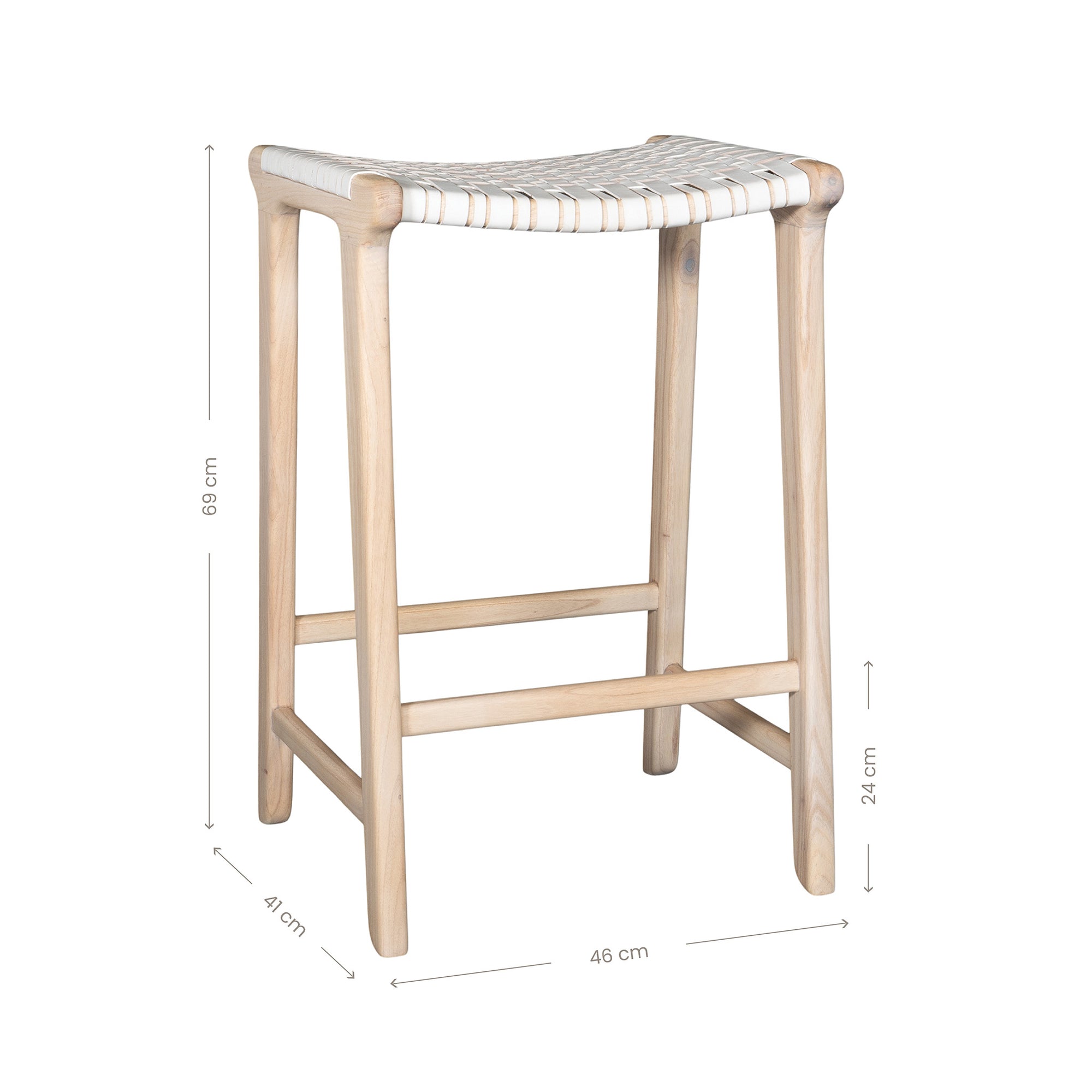 A handcrafted natural wood bar stool featuring a woven white leather seat, designed for a relaxed and stylish coastal-inspired space.