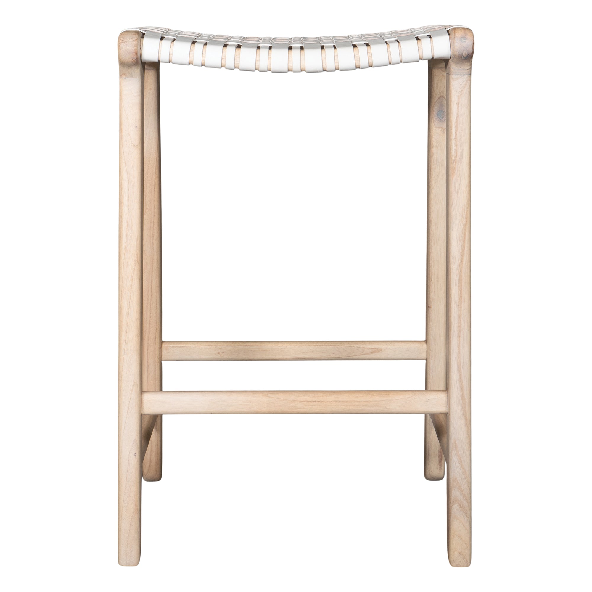 A handcrafted natural wood bar stool featuring a woven white leather seat, designed for a relaxed and stylish coastal-inspired space.