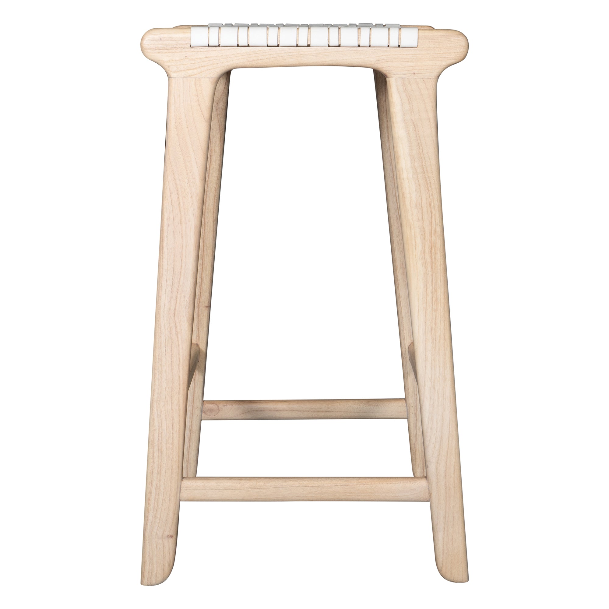 A handcrafted natural wood bar stool featuring a woven white leather seat, designed for a relaxed and stylish coastal-inspired space.