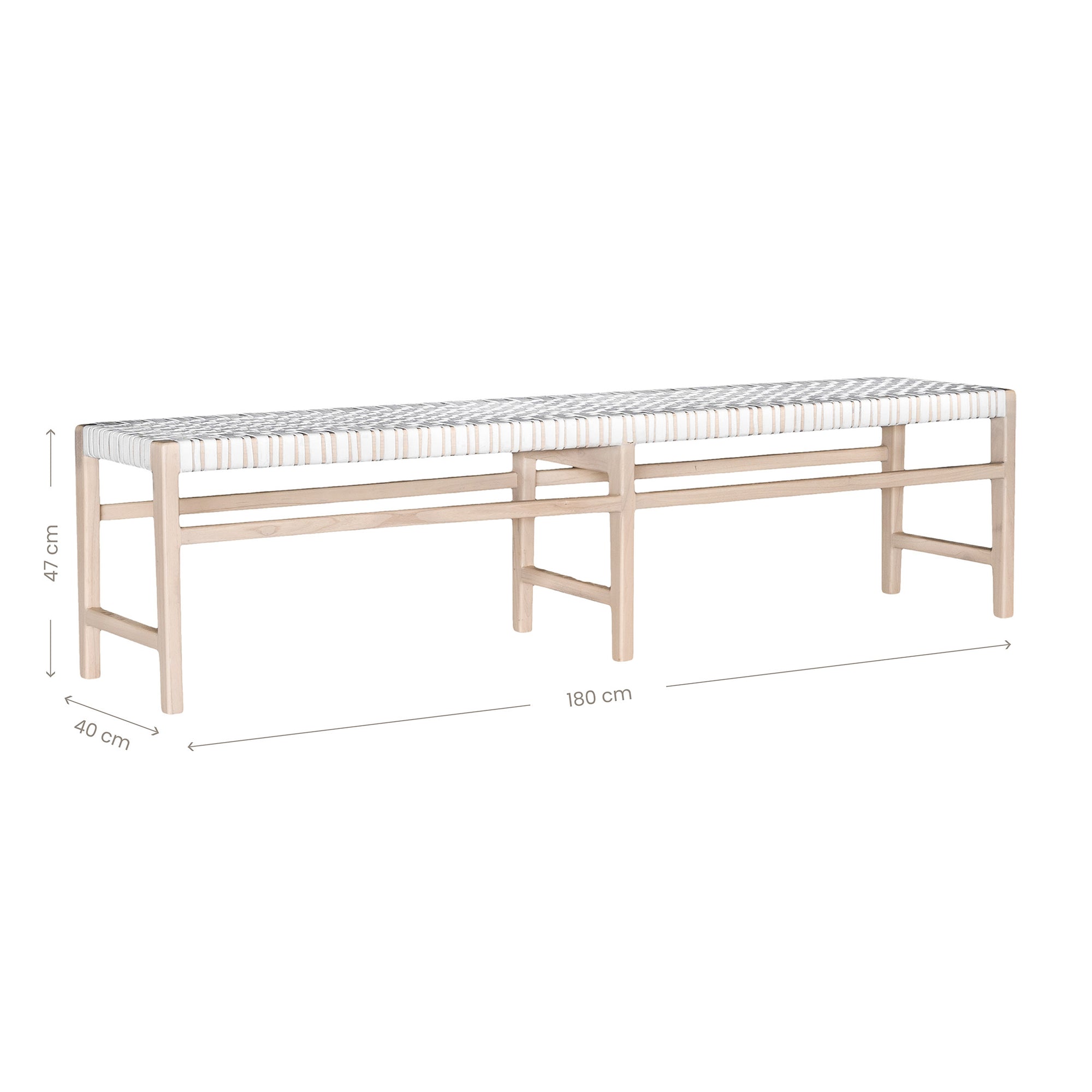 A beautifully crafted natural wood bench with a woven white leather seat, perfect for adding a touch of relaxed elegance to any space.