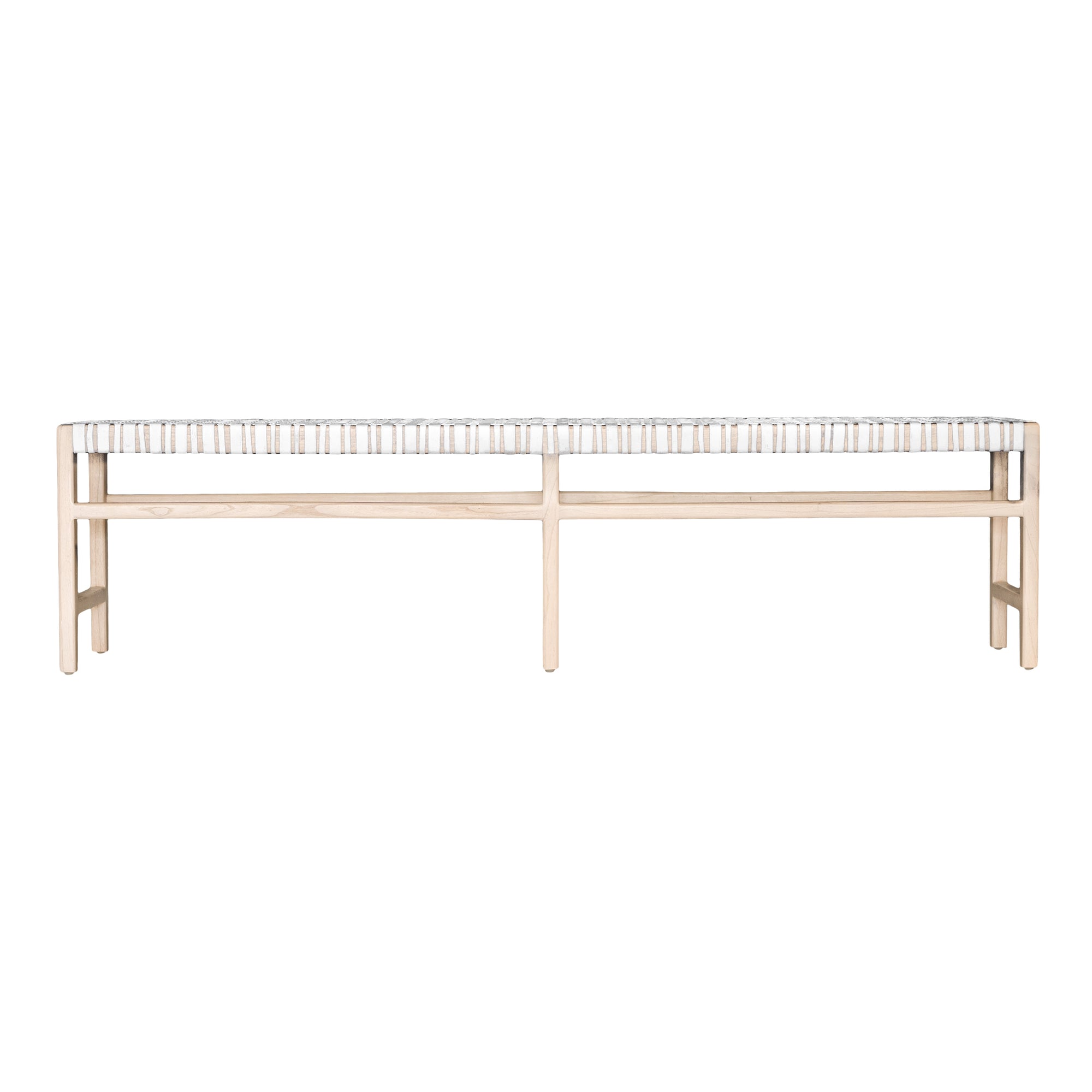 A beautifully crafted natural wood bench with a woven white leather seat, perfect for adding a touch of relaxed elegance to any space.