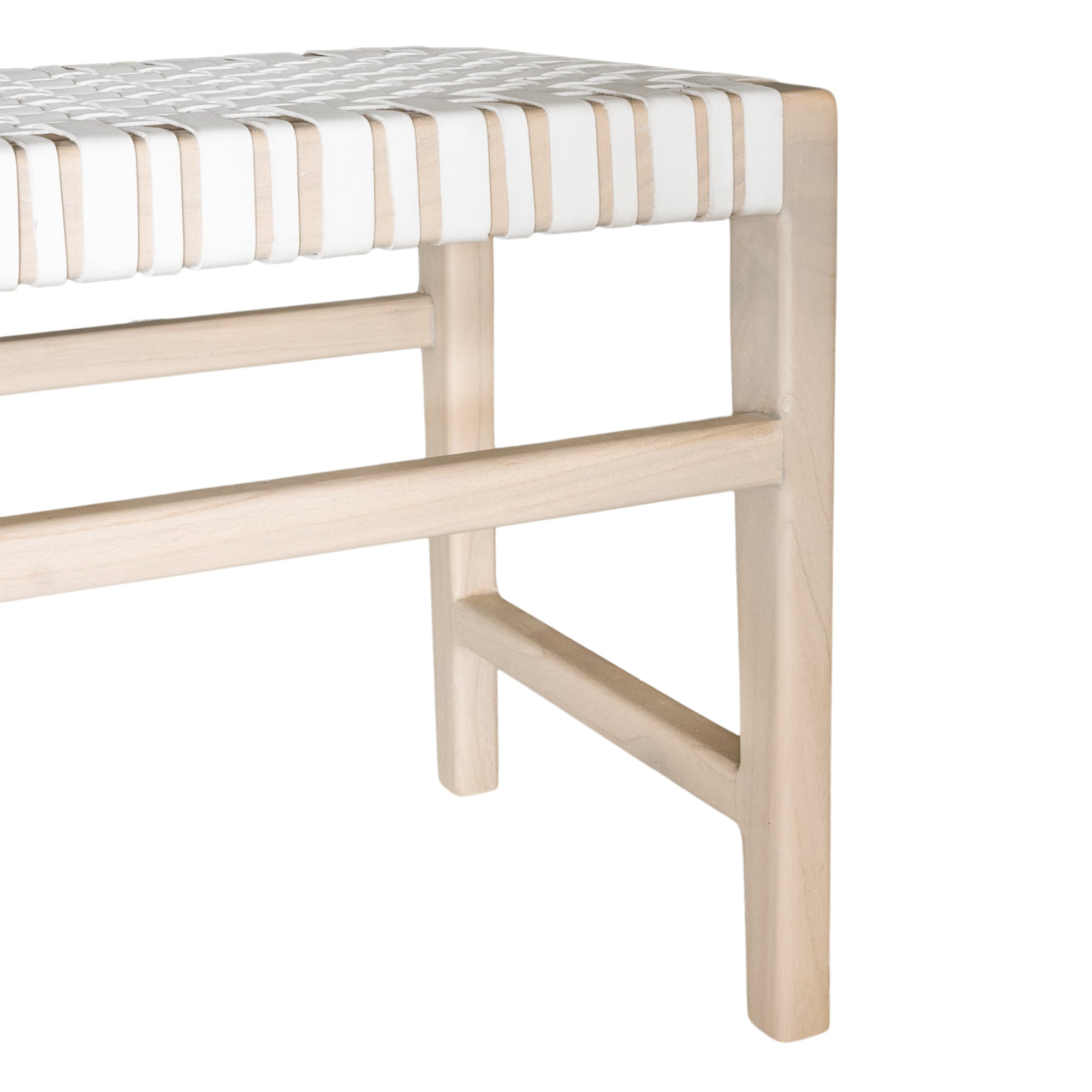 A beautifully crafted natural wood bench with a woven white leather seat, perfect for adding a touch of relaxed elegance to any space.