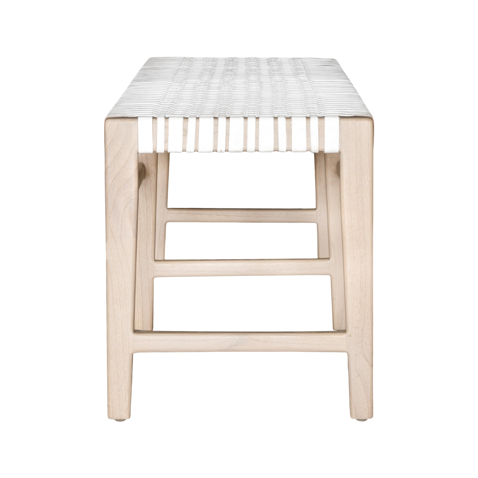 A beautifully crafted natural wood bench with a woven white leather seat, perfect for adding a touch of relaxed elegance to any space.
