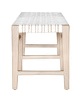 A beautifully crafted natural wood bench with a woven white leather seat, perfect for adding a touch of relaxed elegance to any space.