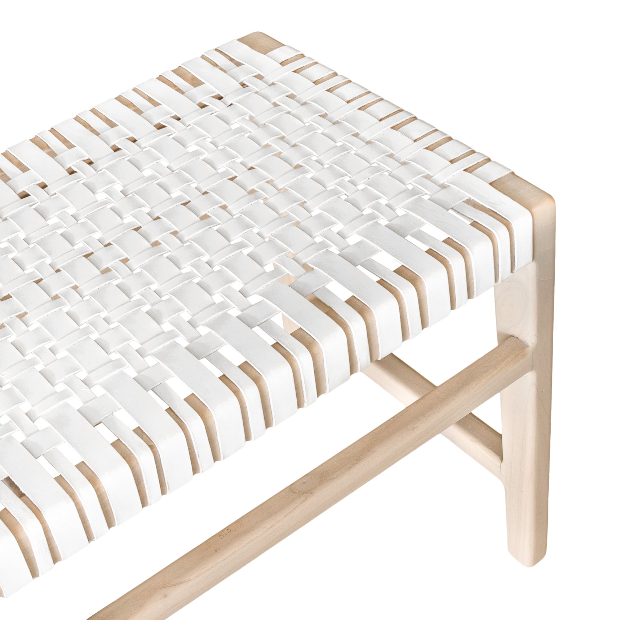 A beautifully crafted natural wood bench with a woven white leather seat, perfect for adding a touch of relaxed elegance to any space.