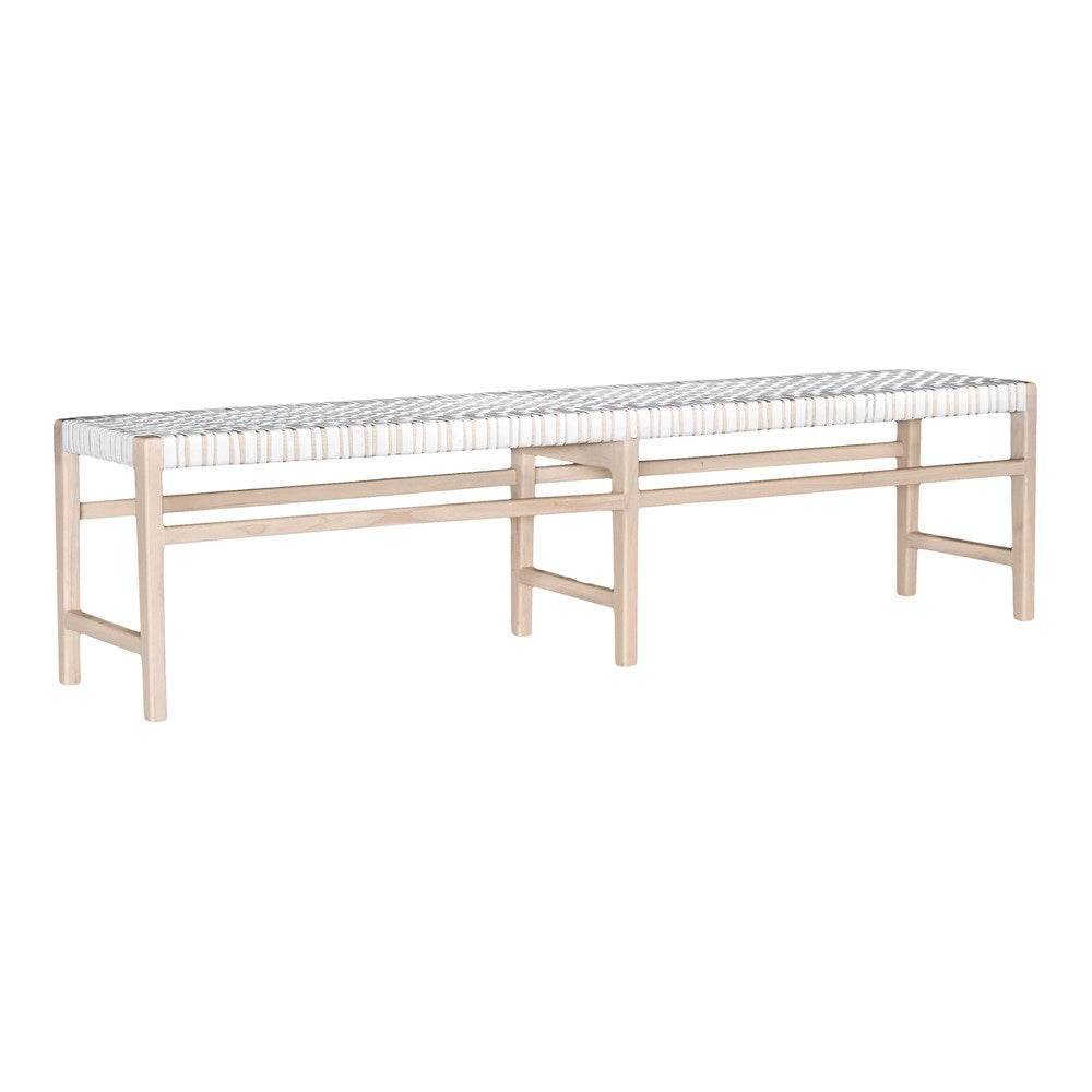 A beautifully crafted natural wood bench with a woven white leather seat, perfect for adding a touch of relaxed elegance to any space.