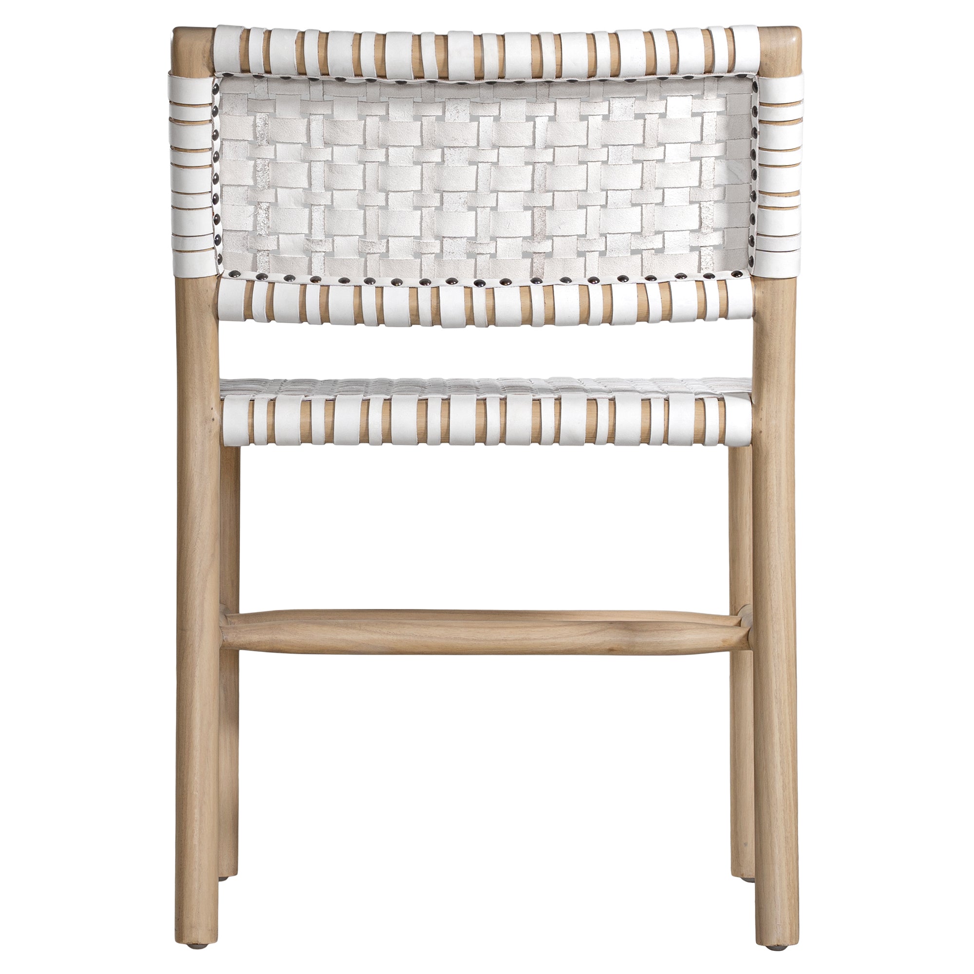 A stylish natural wood dining chair featuring a woven white leather seat and backrest, blending modern design with organic textures