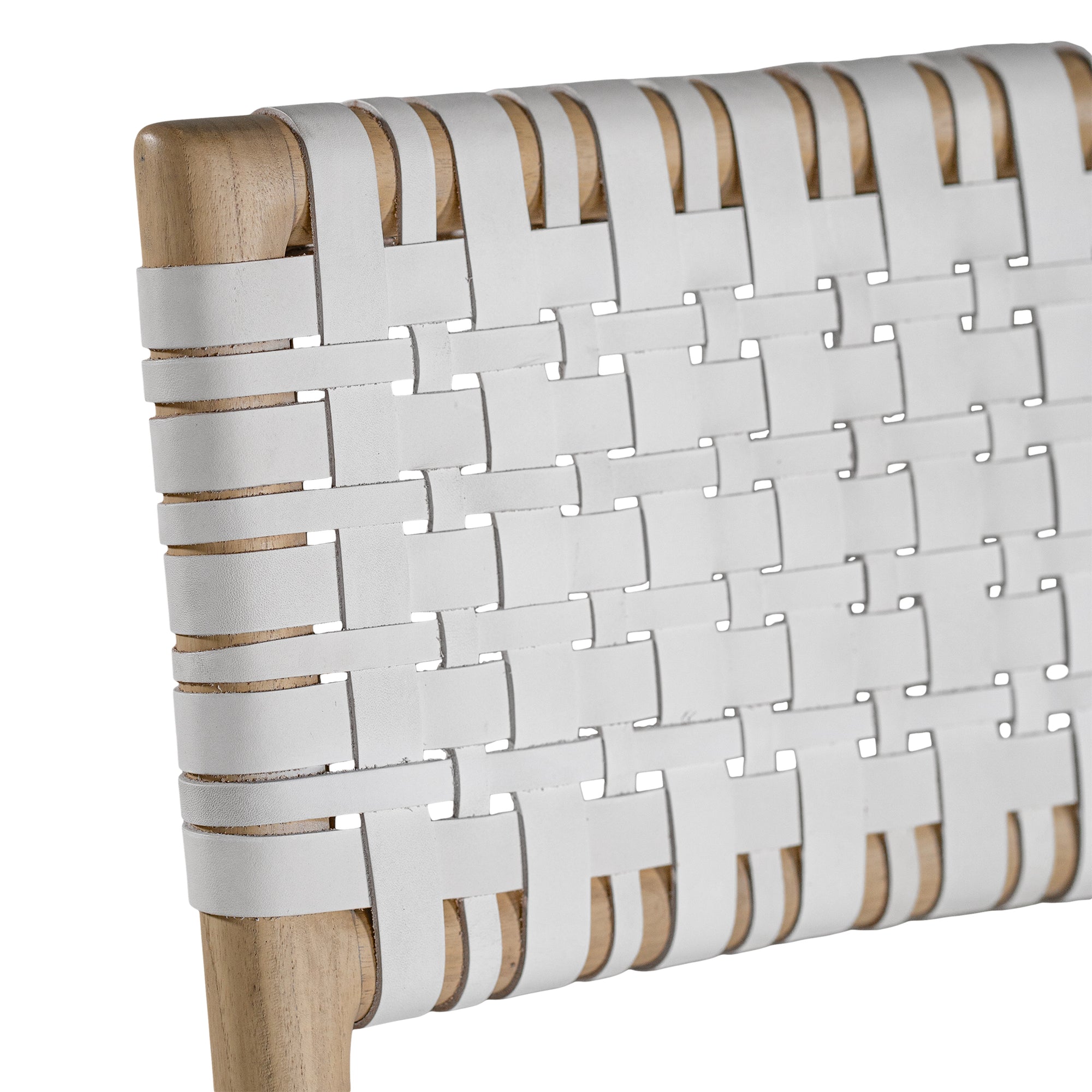 A stylish natural wood dining chair featuring a woven white leather seat and backrest, blending modern design with organic textures