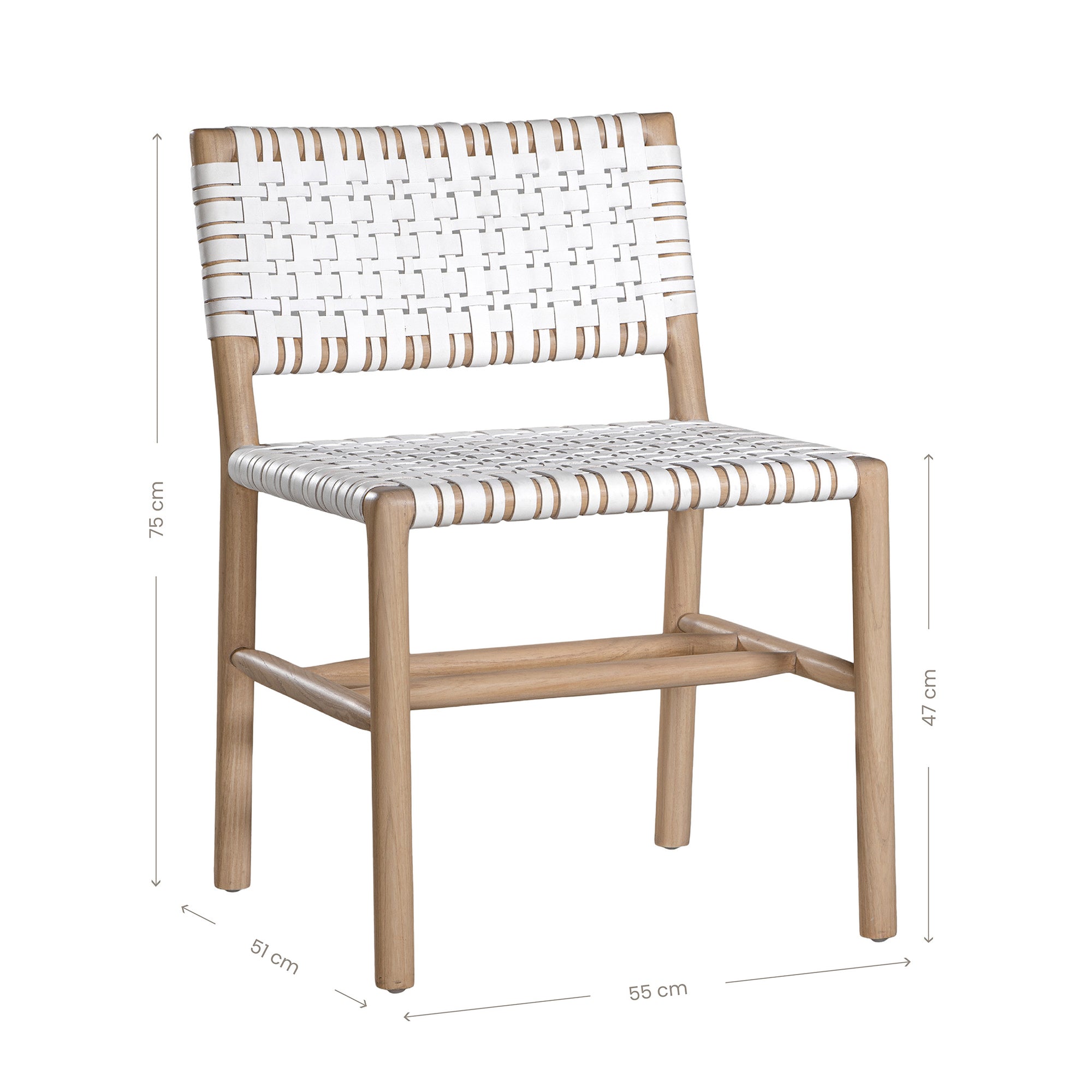 A stylish natural wood dining chair featuring a woven white leather seat and backrest, blending modern design with organic textures