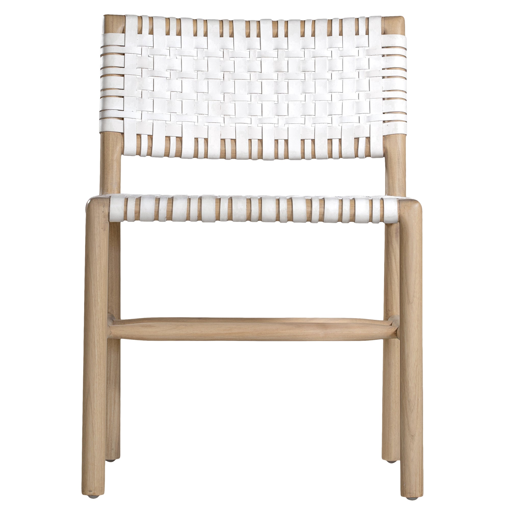 A stylish natural wood dining chair featuring a woven white leather seat and backrest, blending modern design with organic textures