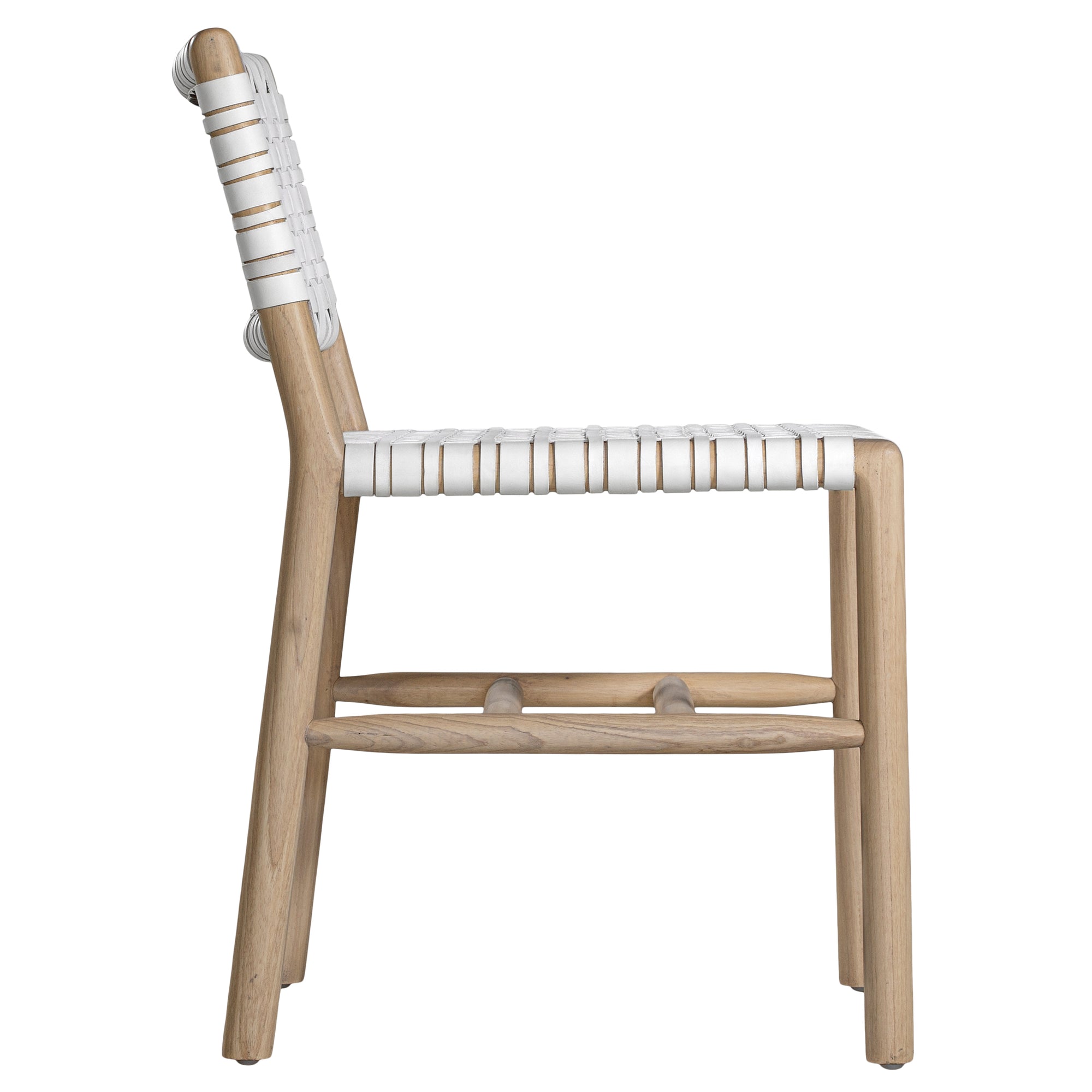 A stylish natural wood dining chair featuring a woven white leather seat and backrest, blending modern design with organic textures