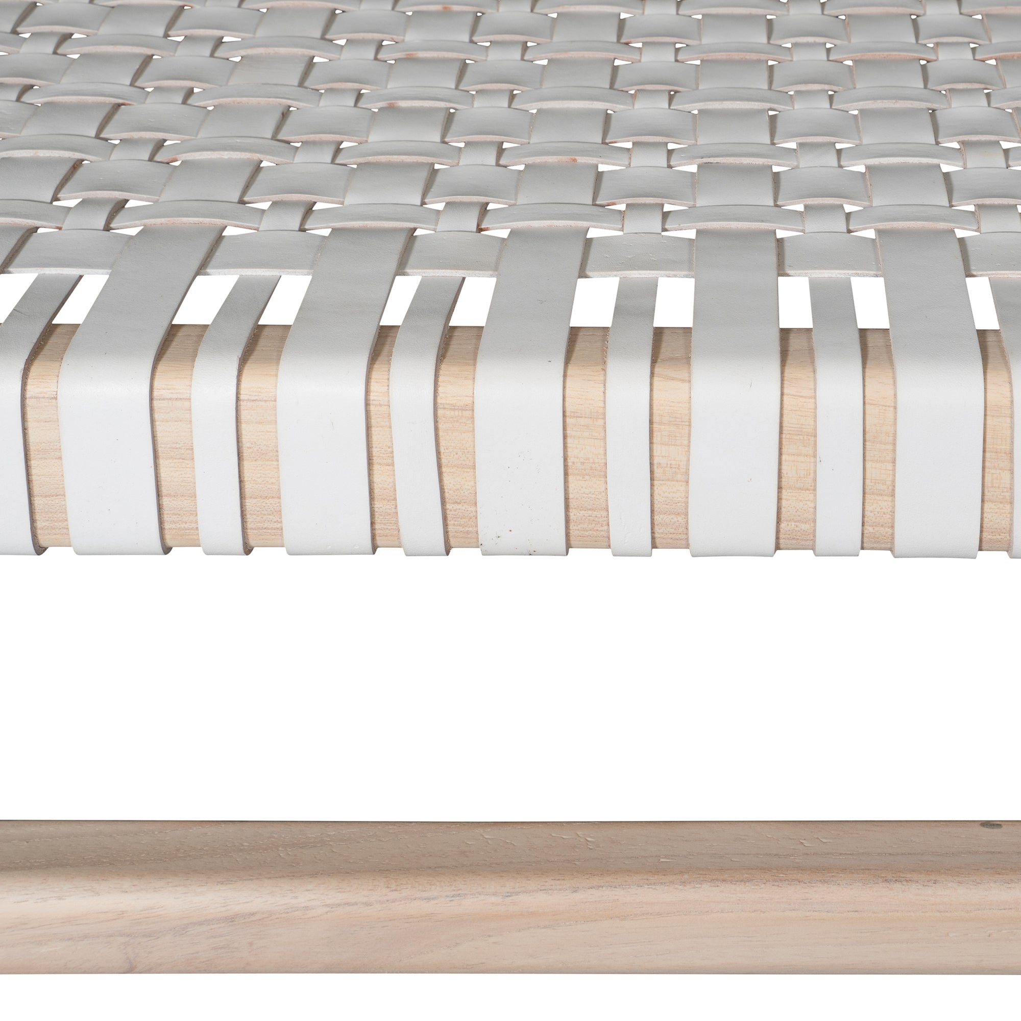 A beautifully crafted natural wood low stool with a woven white leather seat, perfect for adding a touch of relaxed elegance to any space