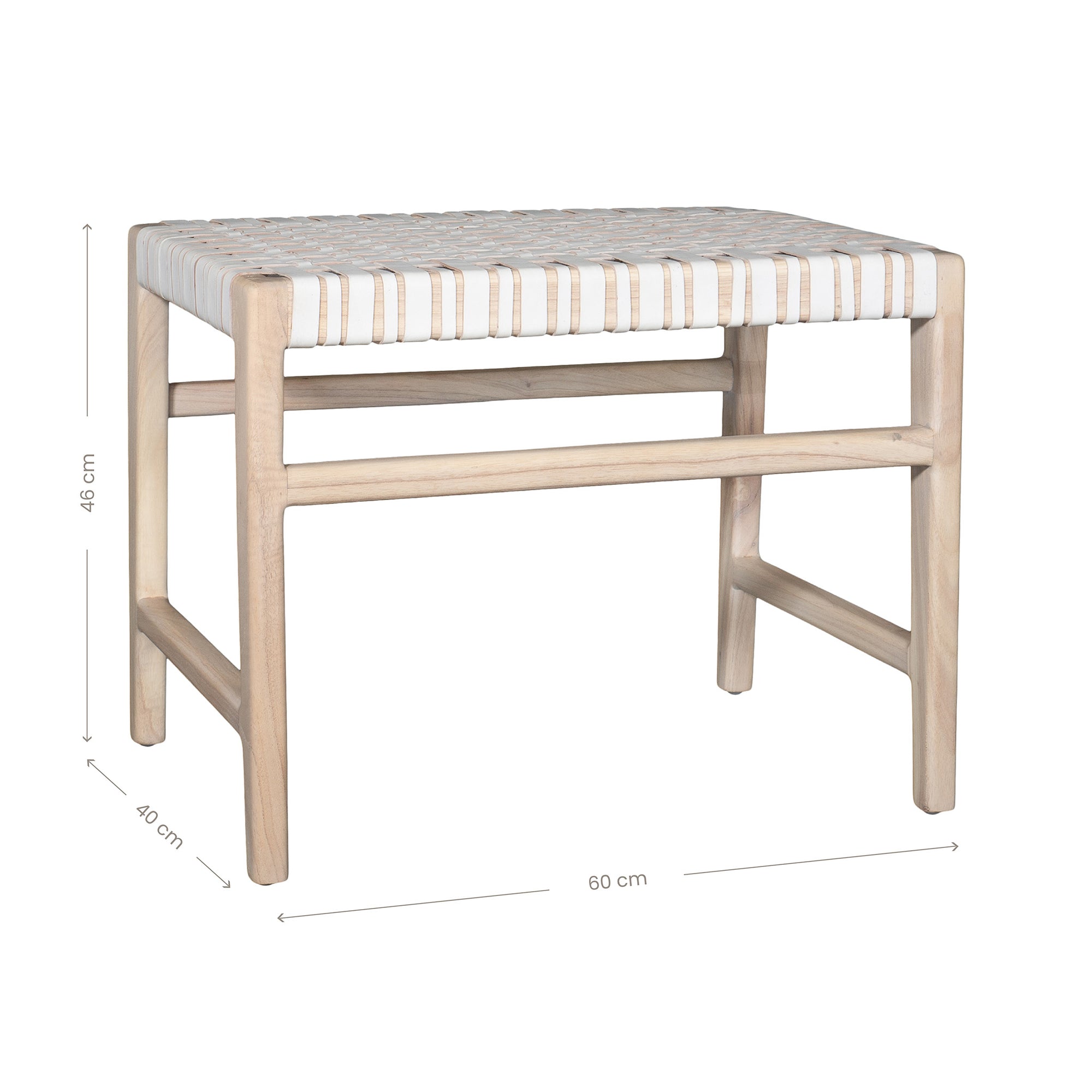 A beautifully crafted natural wood low stool with a woven white leather seat, perfect for adding a touch of relaxed elegance to any space