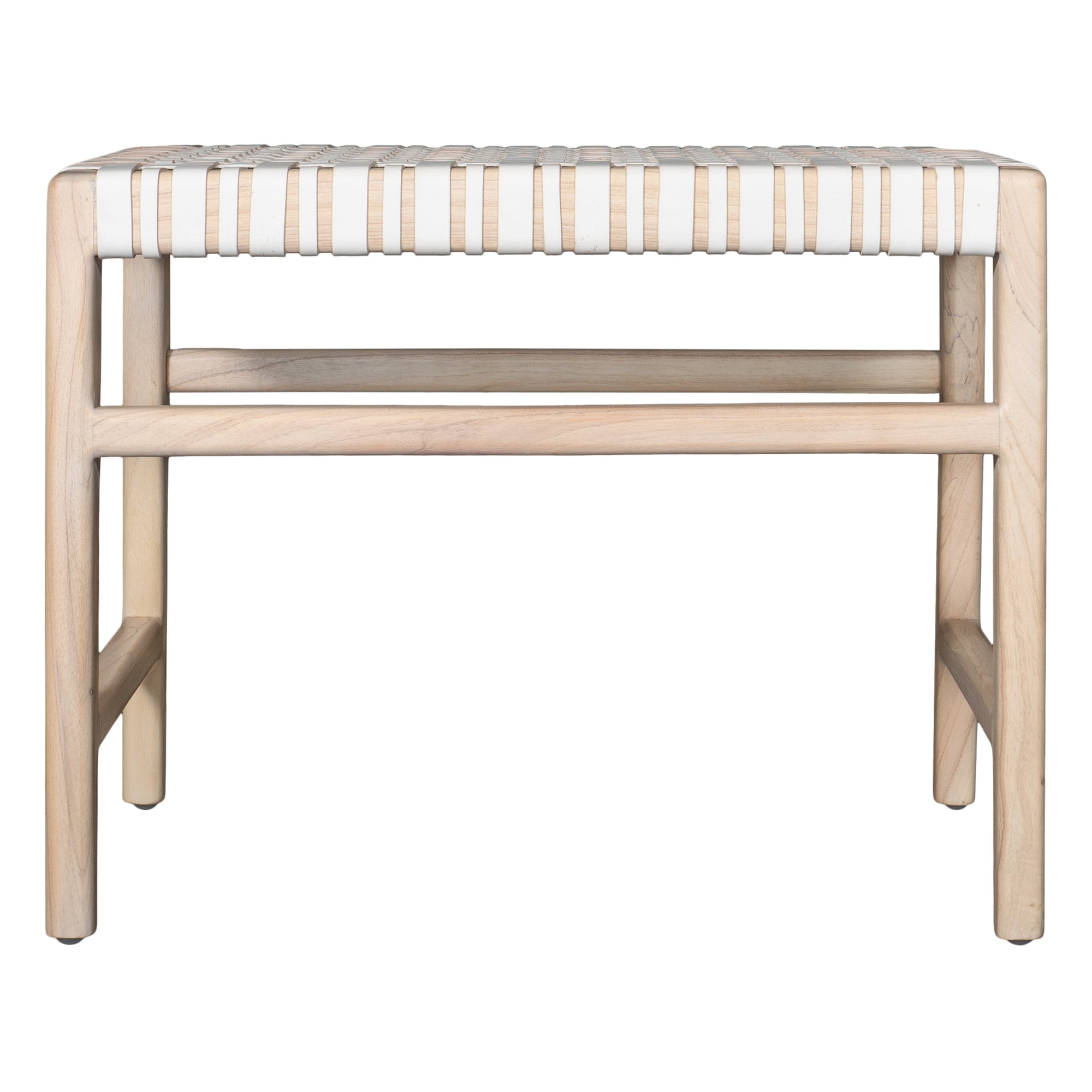 A beautifully crafted natural wood low stool with a woven white leather seat, perfect for adding a touch of relaxed elegance to any space