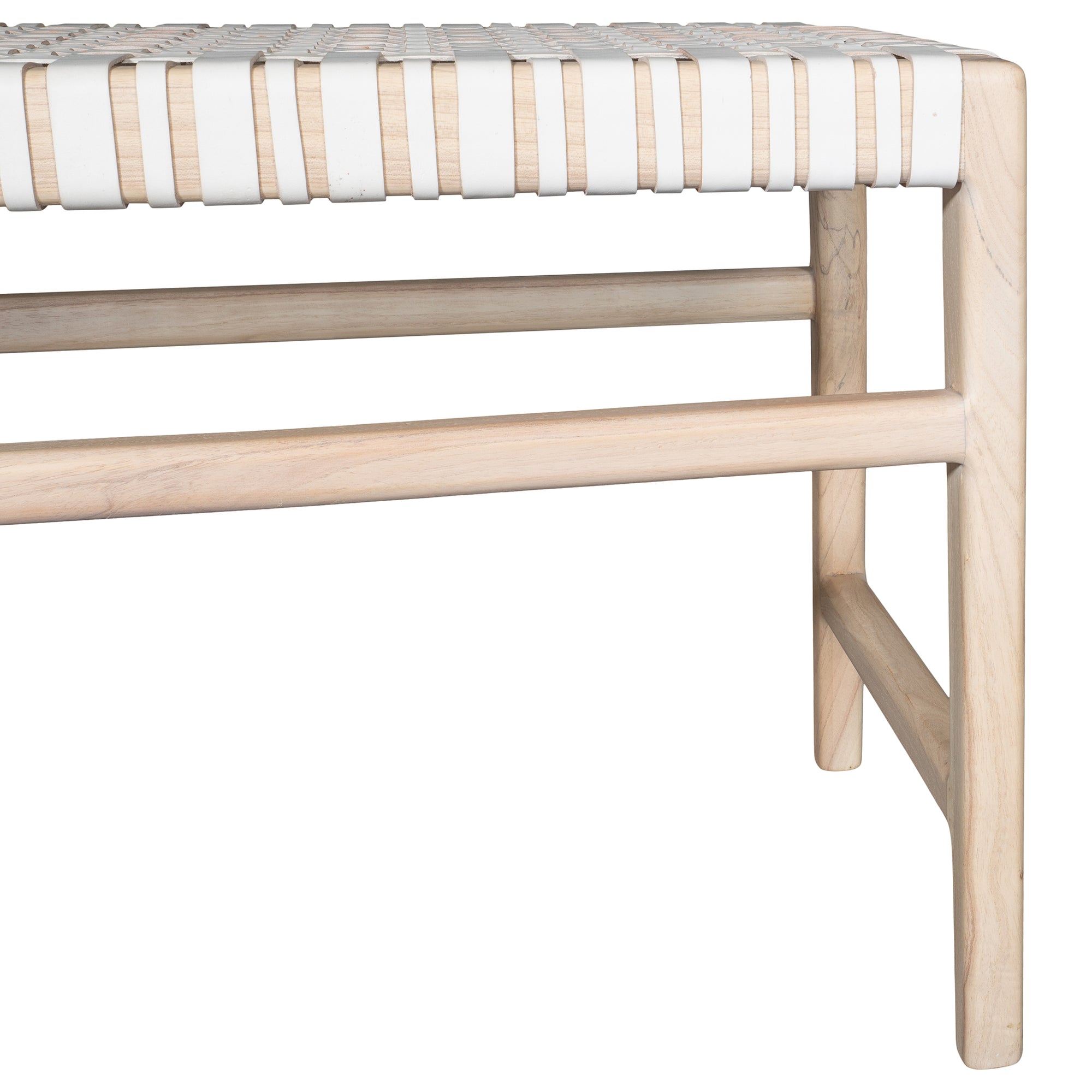 A beautifully crafted natural wood low stool with a woven white leather seat, perfect for adding a touch of relaxed elegance to any space