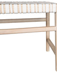 A beautifully crafted natural wood low stool with a woven white leather seat, perfect for adding a touch of relaxed elegance to any space