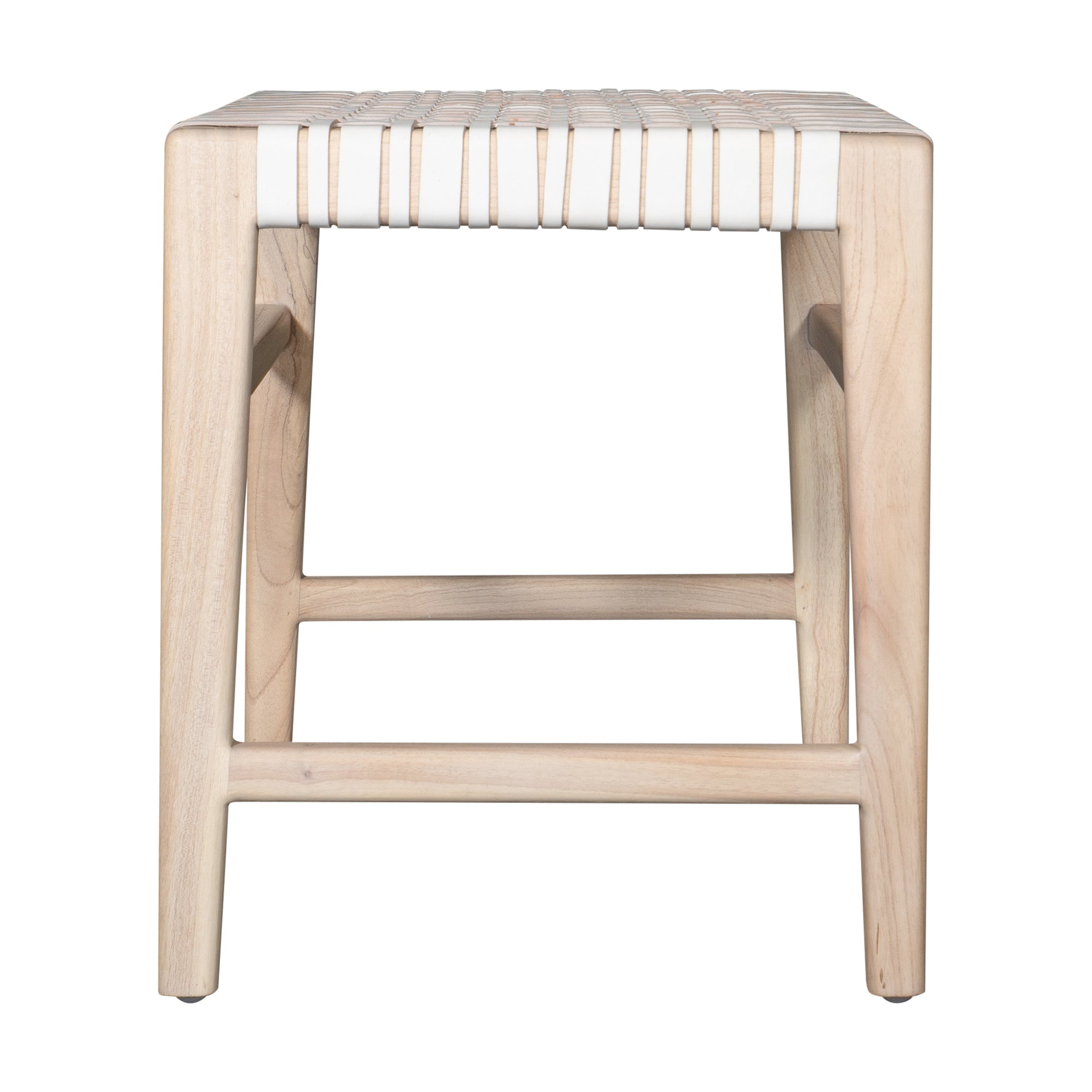 A beautifully crafted natural wood low stool with a woven white leather seat, perfect for adding a touch of relaxed elegance to any space