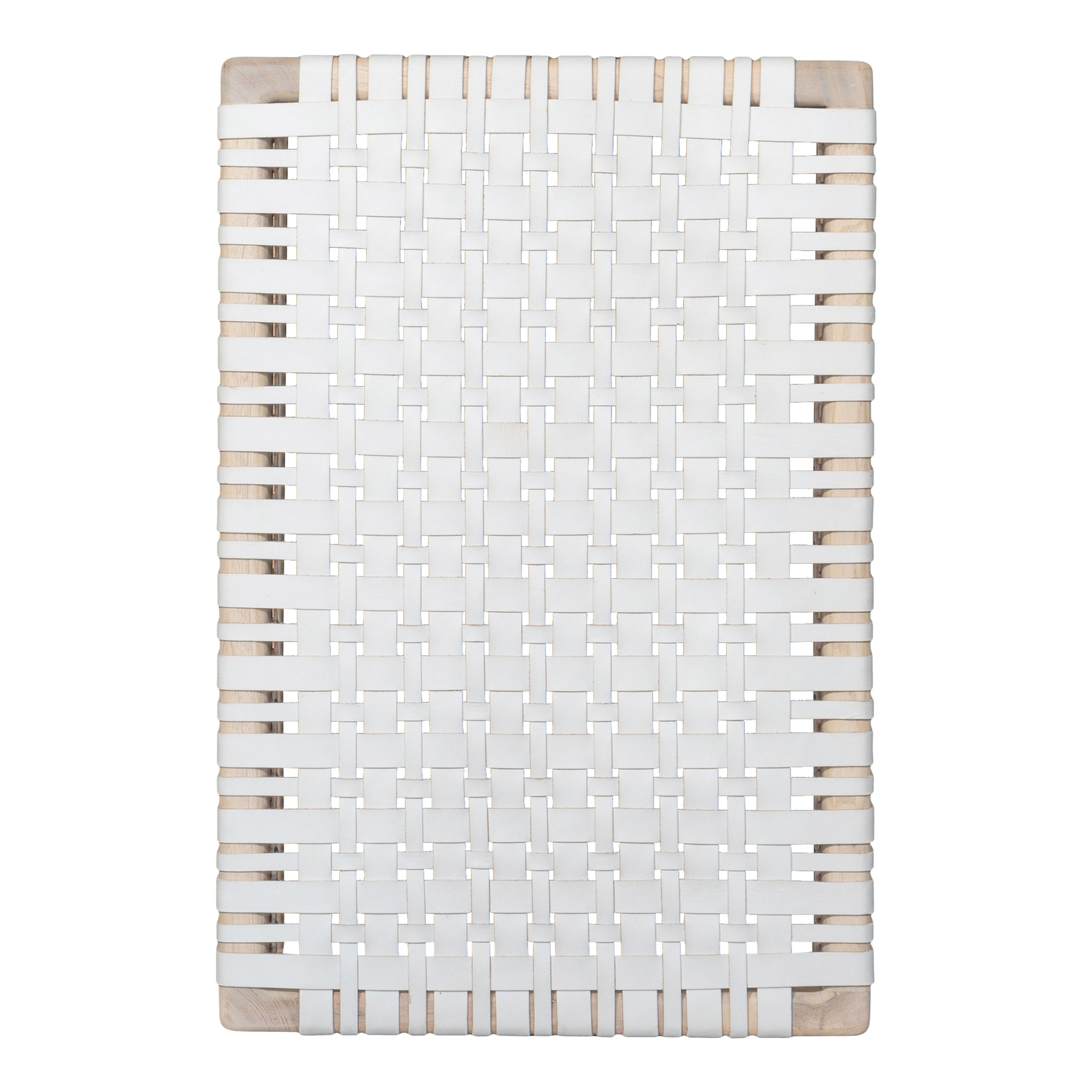 A beautifully crafted natural wood low stool with a woven white leather seat, perfect for adding a touch of relaxed elegance to any space