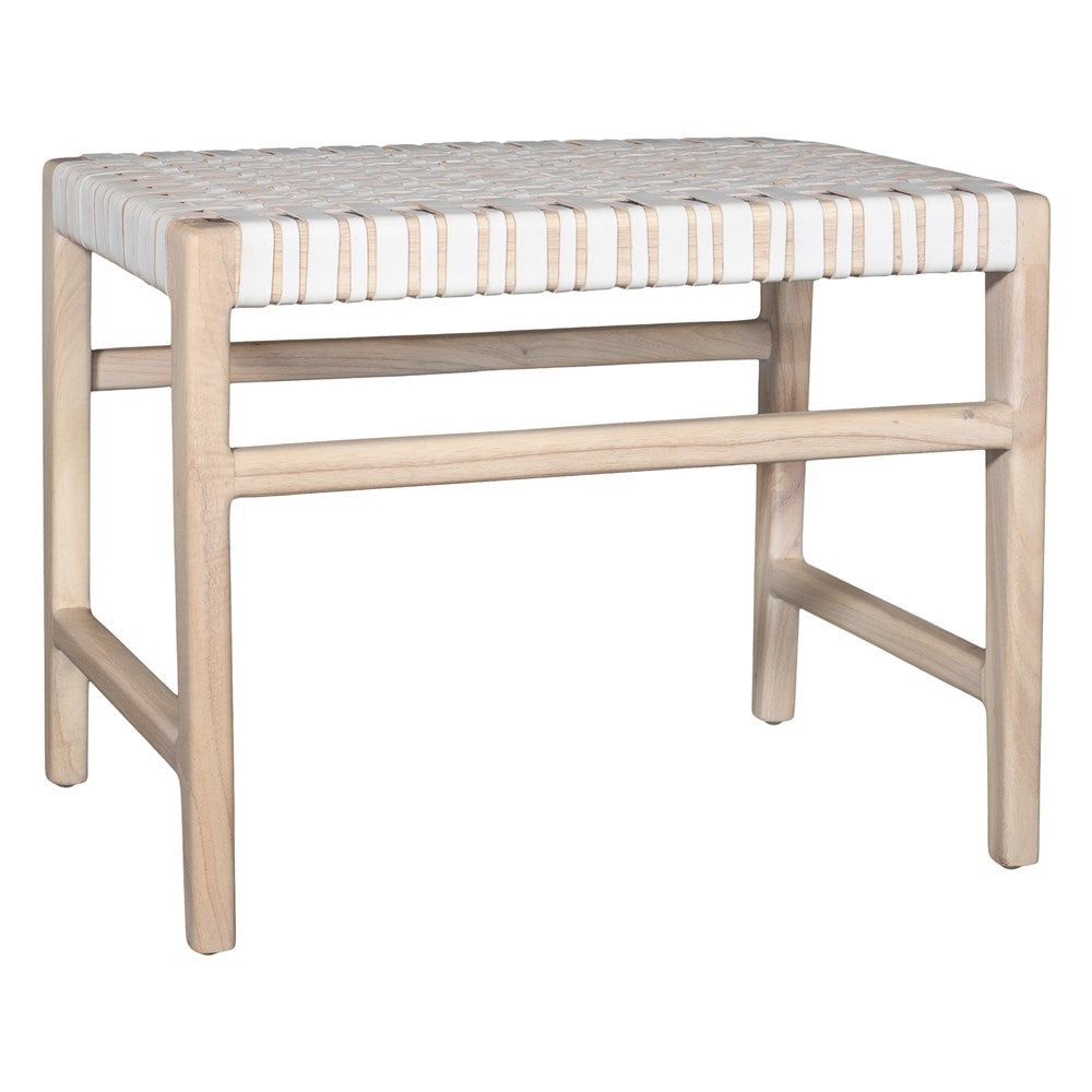 A beautifully crafted natural wood low stool with a woven white leather seat, perfect for adding a touch of relaxed elegance to any space