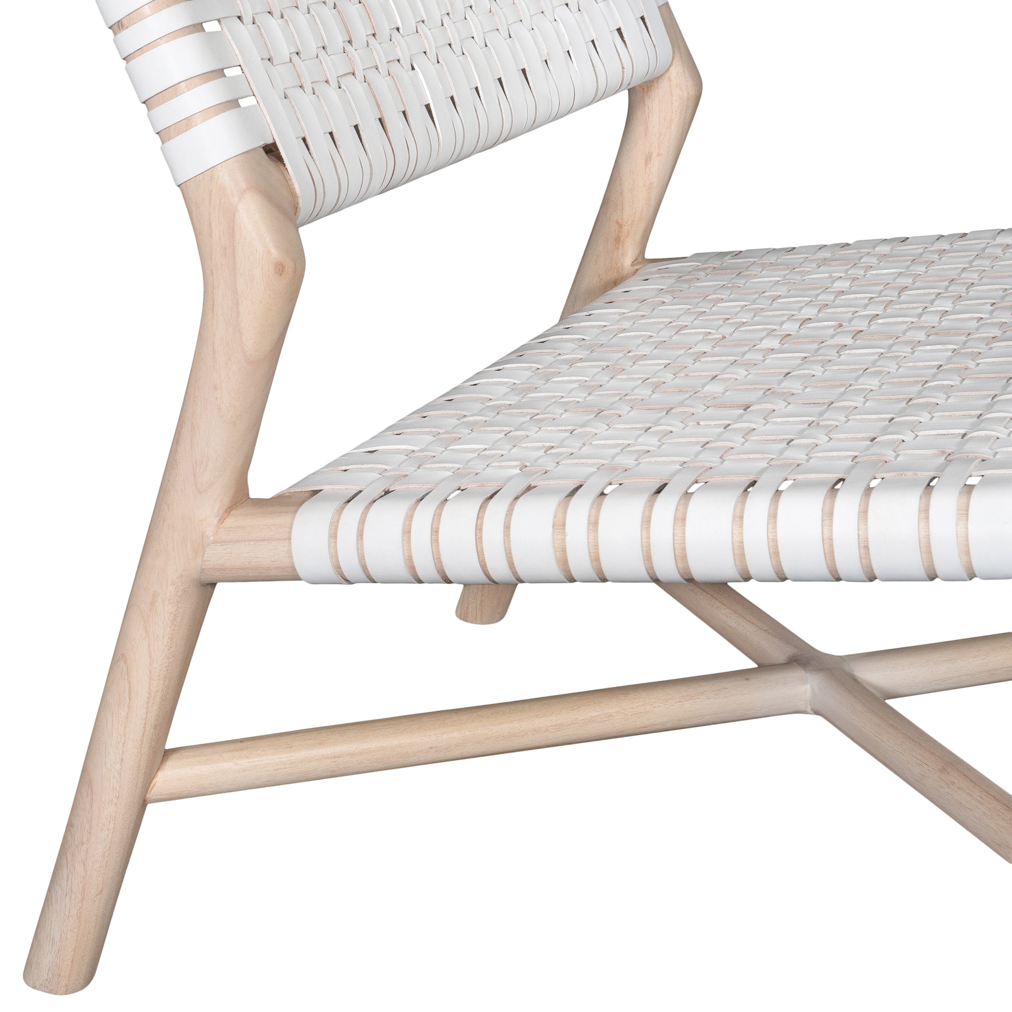 A stylish natural wood occasional chair featuring a woven white leather seat and backrest, blending modern design with organic textures.