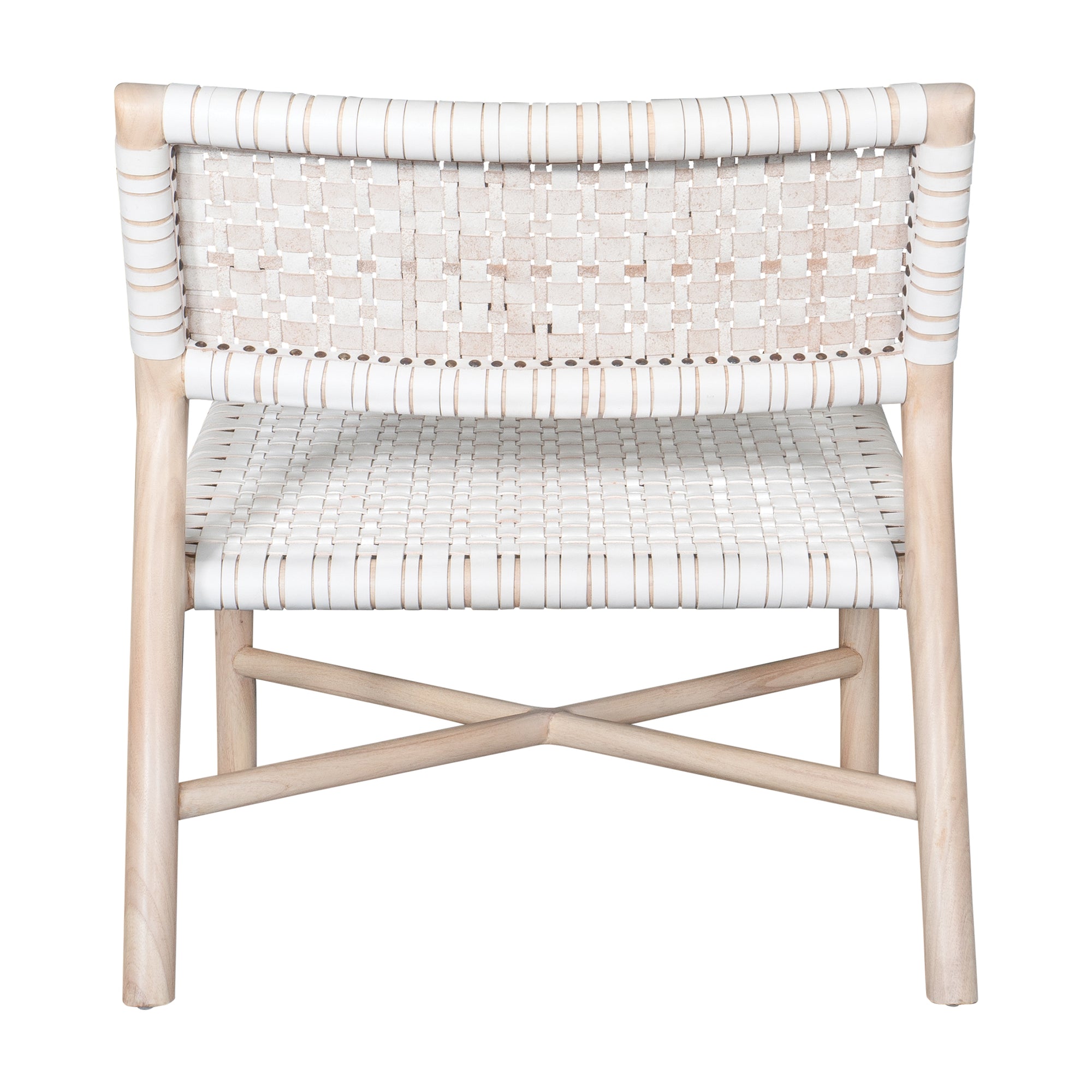 A stylish natural wood occasional chair featuring a woven white leather seat and backrest, blending modern design with organic textures.