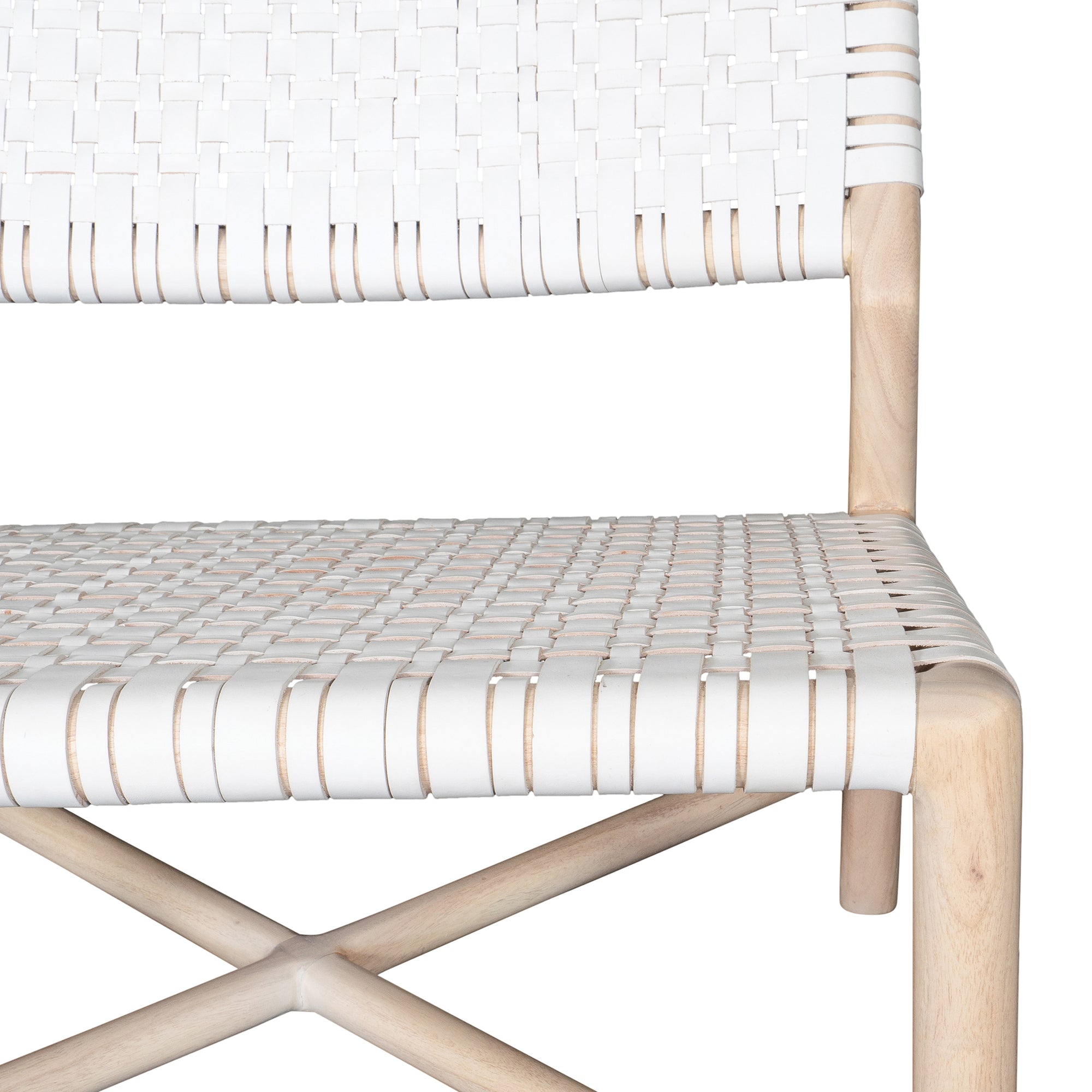A stylish natural wood occasional chair featuring a woven white leather seat and backrest, blending modern design with organic textures.