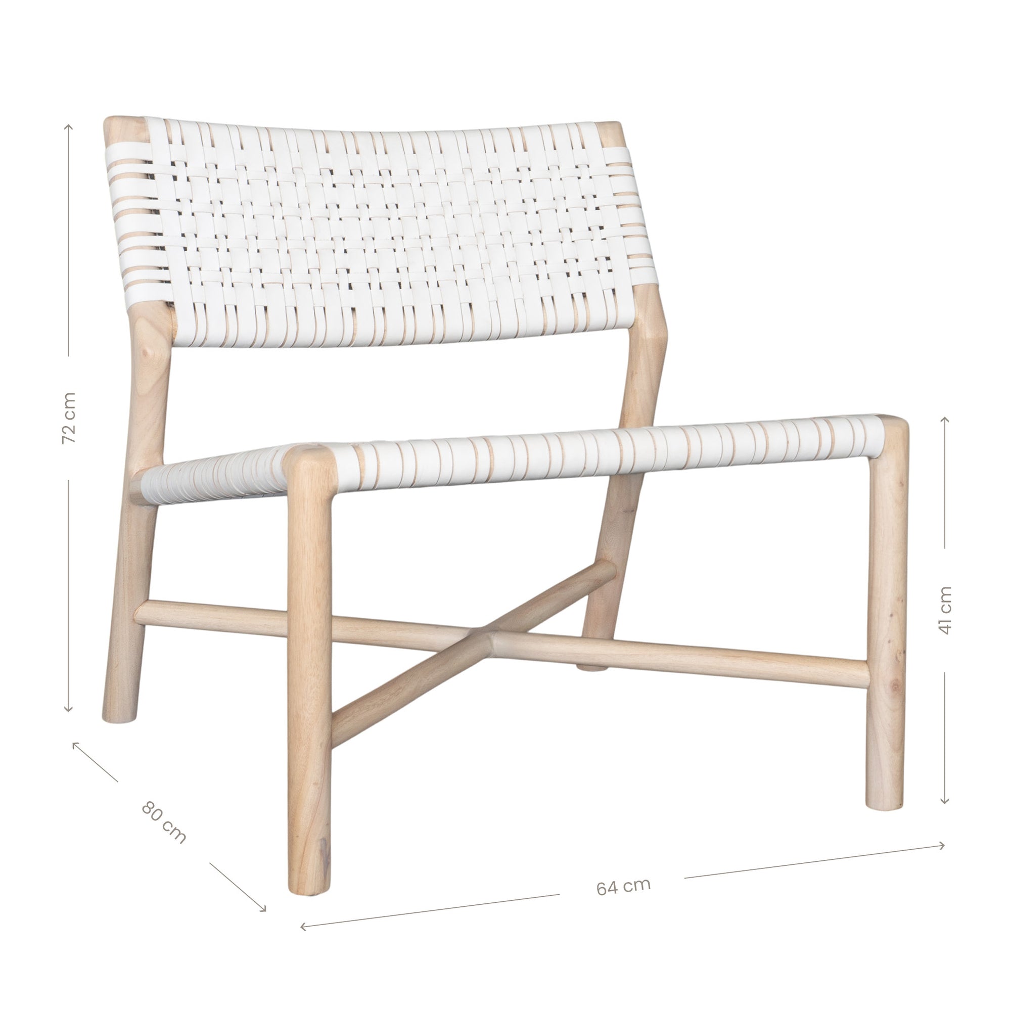 A stylish natural wood occasional chair featuring a woven white leather seat and backrest, blending modern design with organic textures.