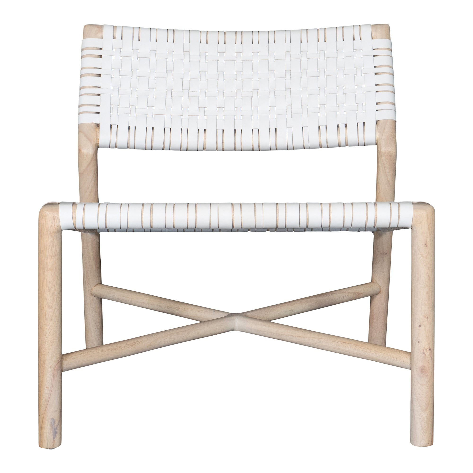 A stylish natural wood occasional chair featuring a woven white leather seat and backrest, blending modern design with organic textures.