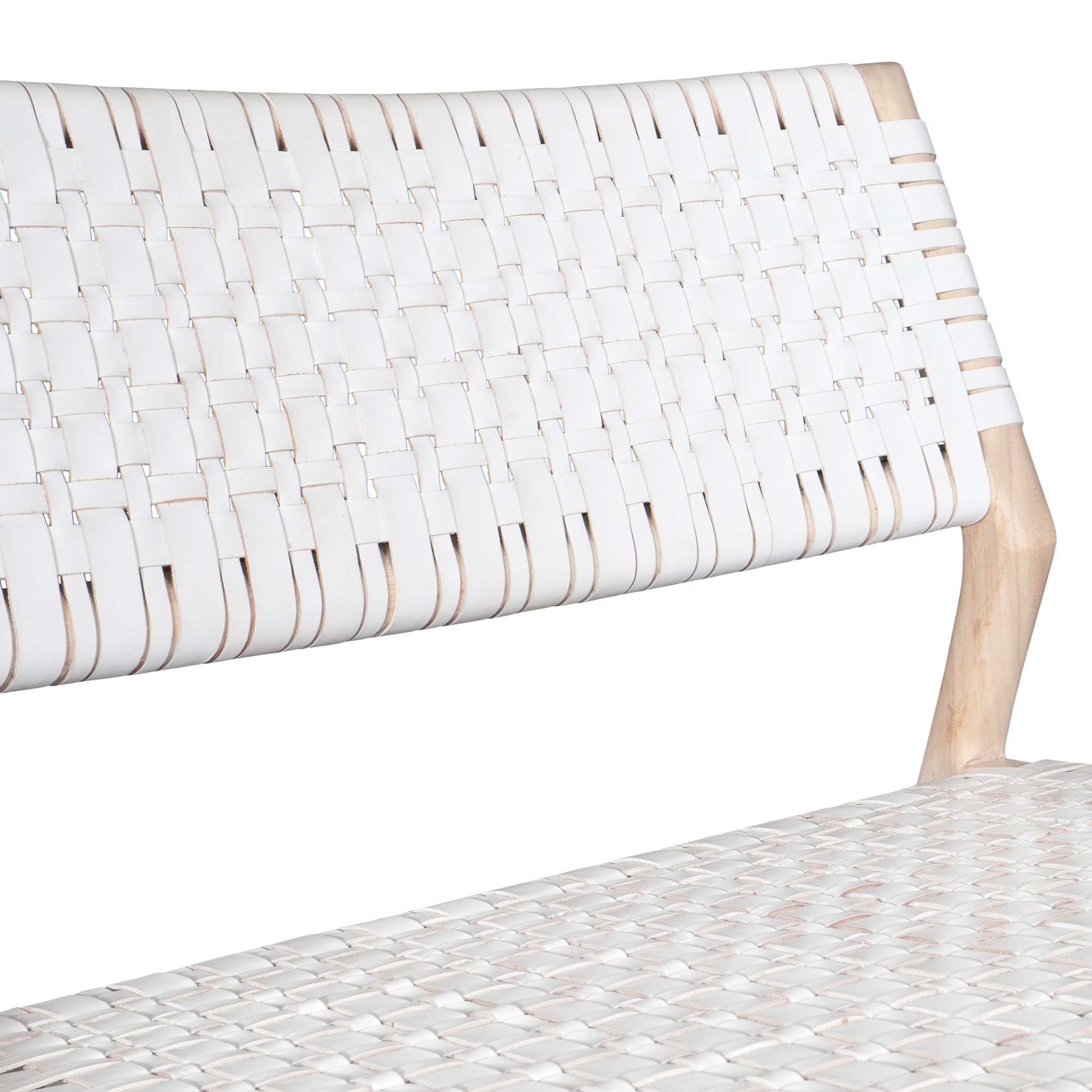 A stylish natural wood occasional chair featuring a woven white leather seat and backrest, blending modern design with organic textures.