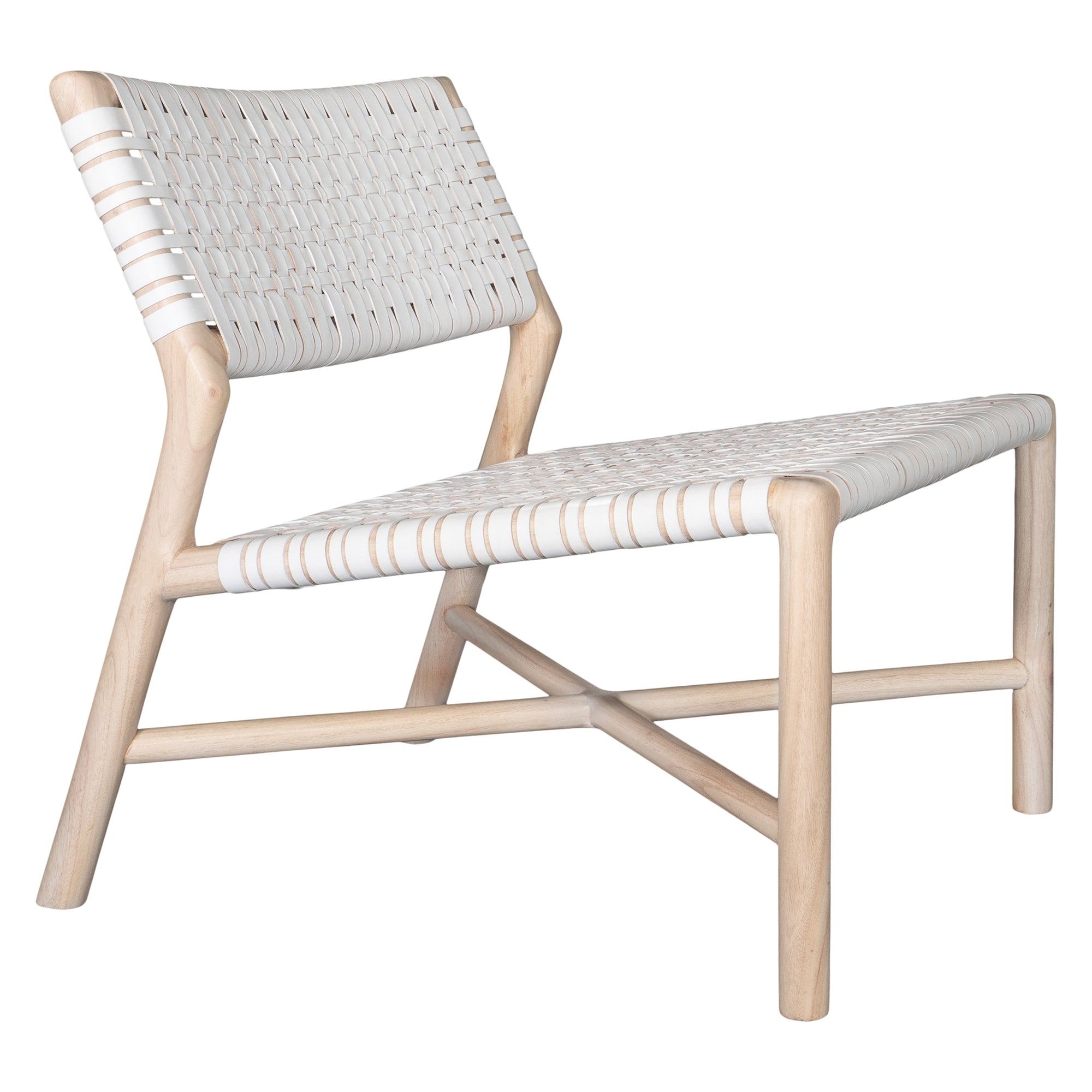 A stylish natural wood occasional chair featuring a woven white leather seat and backrest, blending modern design with organic textures.