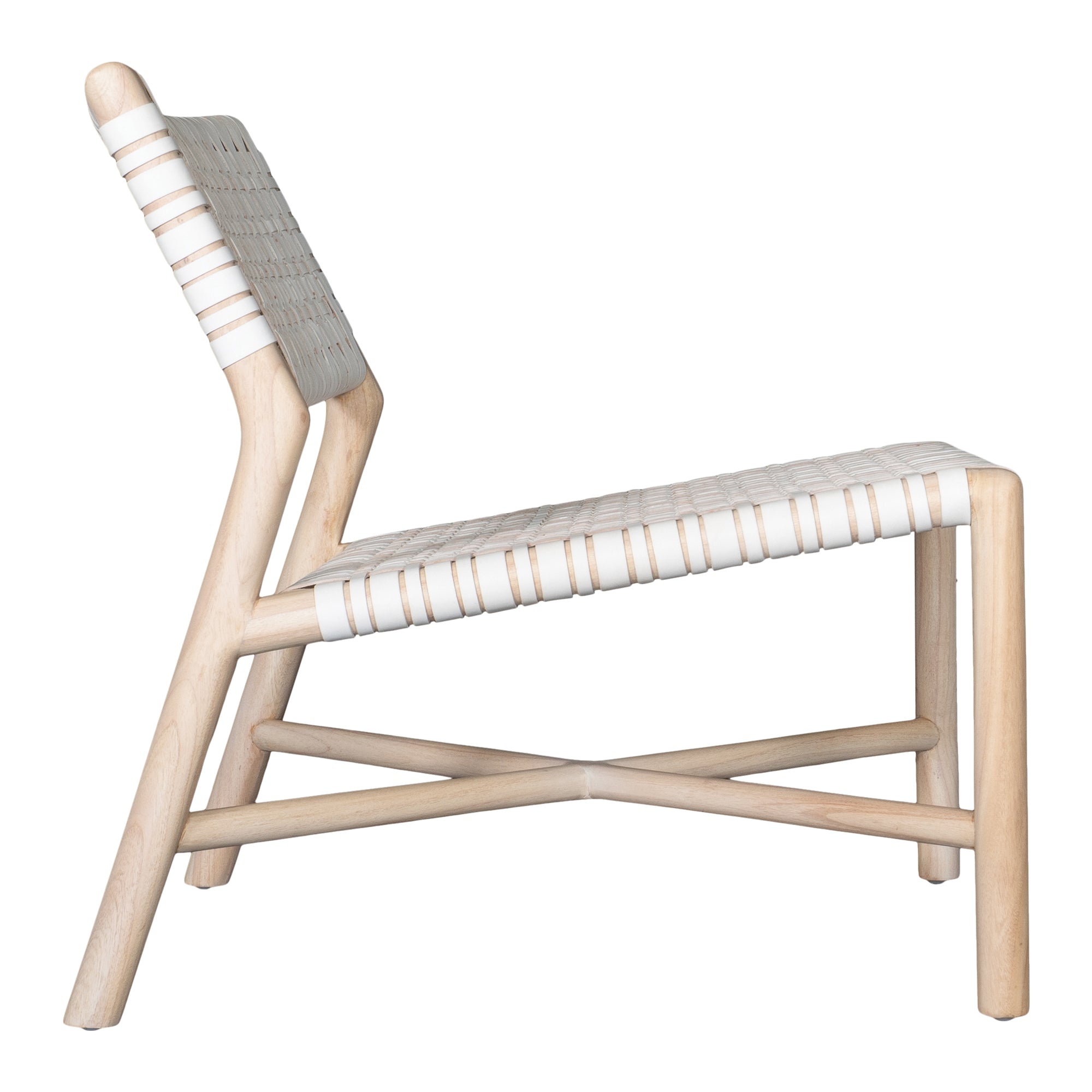 A stylish natural wood occasional chair featuring a woven white leather seat and backrest, blending modern design with organic textures.