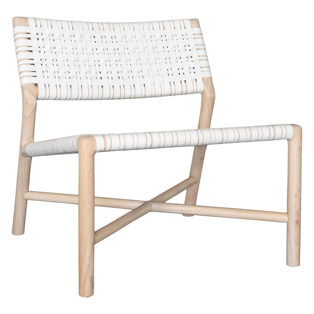 A stylish natural wood occasional chair featuring a woven white leather seat and backrest, blending modern design with organic textures.