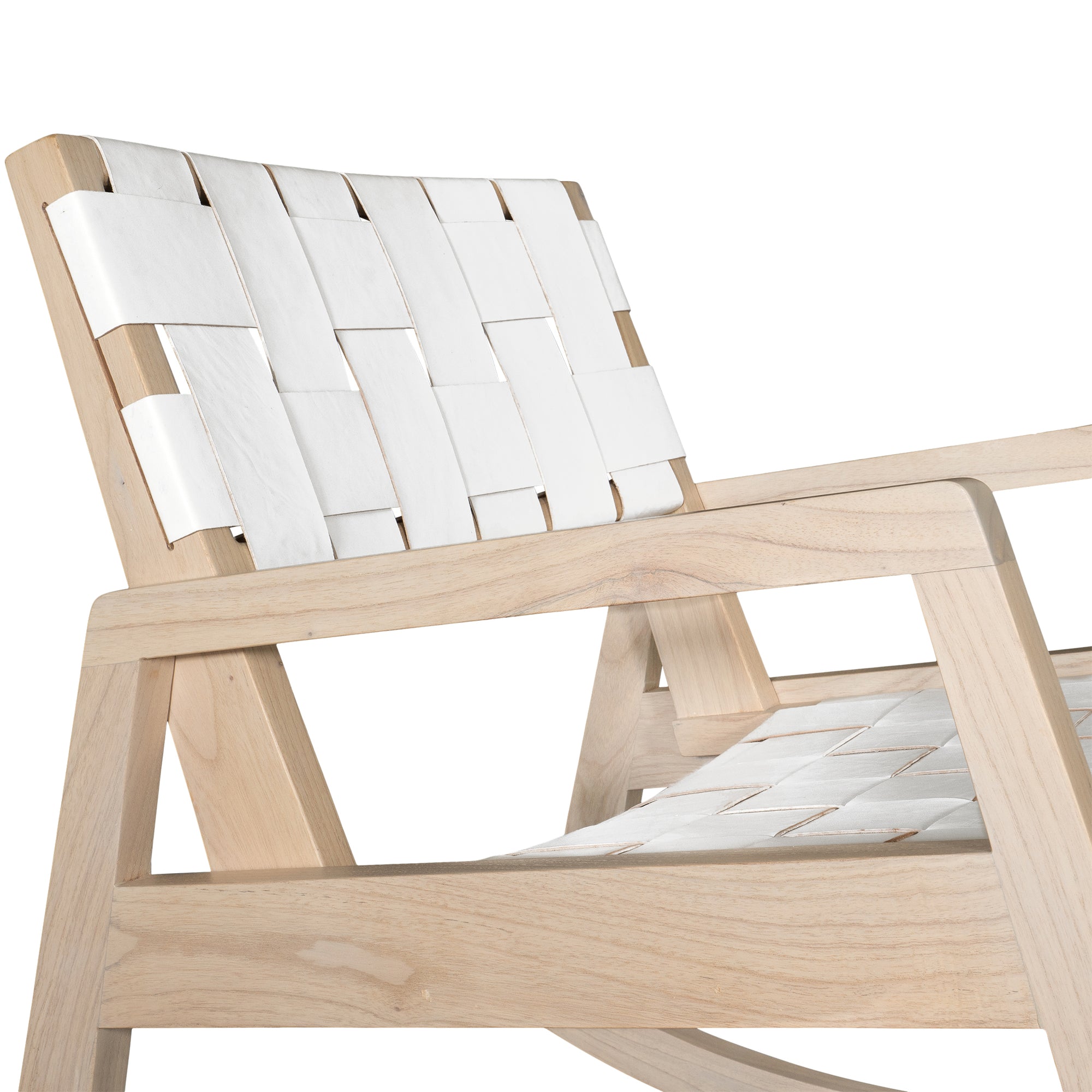 A stylish natural wood rocking chair featuring a woven white leather seat and backrest, blending modern design with organic textures