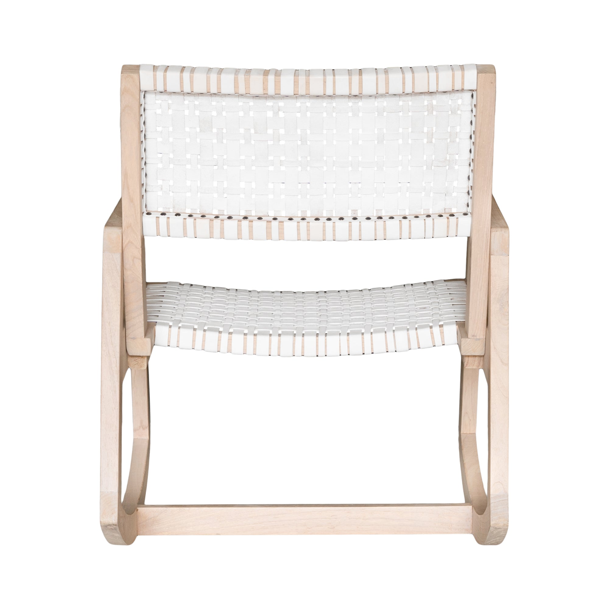 A stylish natural wood rocking chair featuring a woven white leather seat and backrest, blending modern design with organic textures