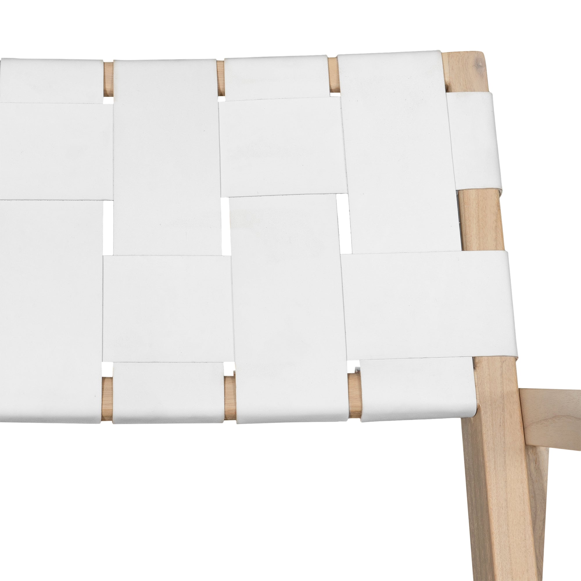 A stylish natural wood rocking chair featuring a woven white leather seat and backrest, blending modern design with organic textures