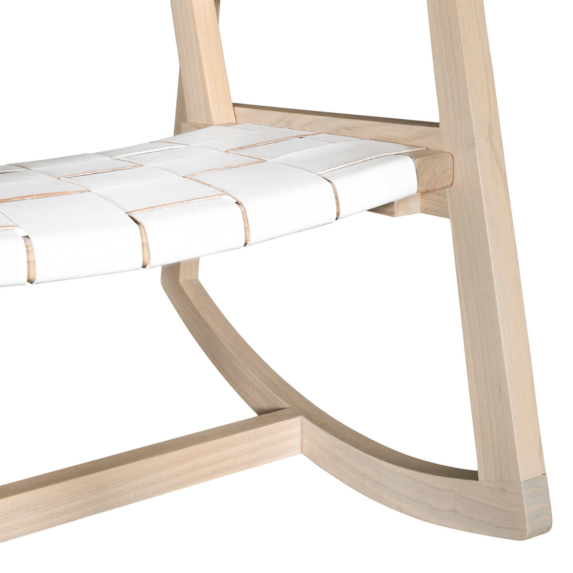 A stylish natural wood rocking chair featuring a woven white leather seat and backrest, blending modern design with organic textures