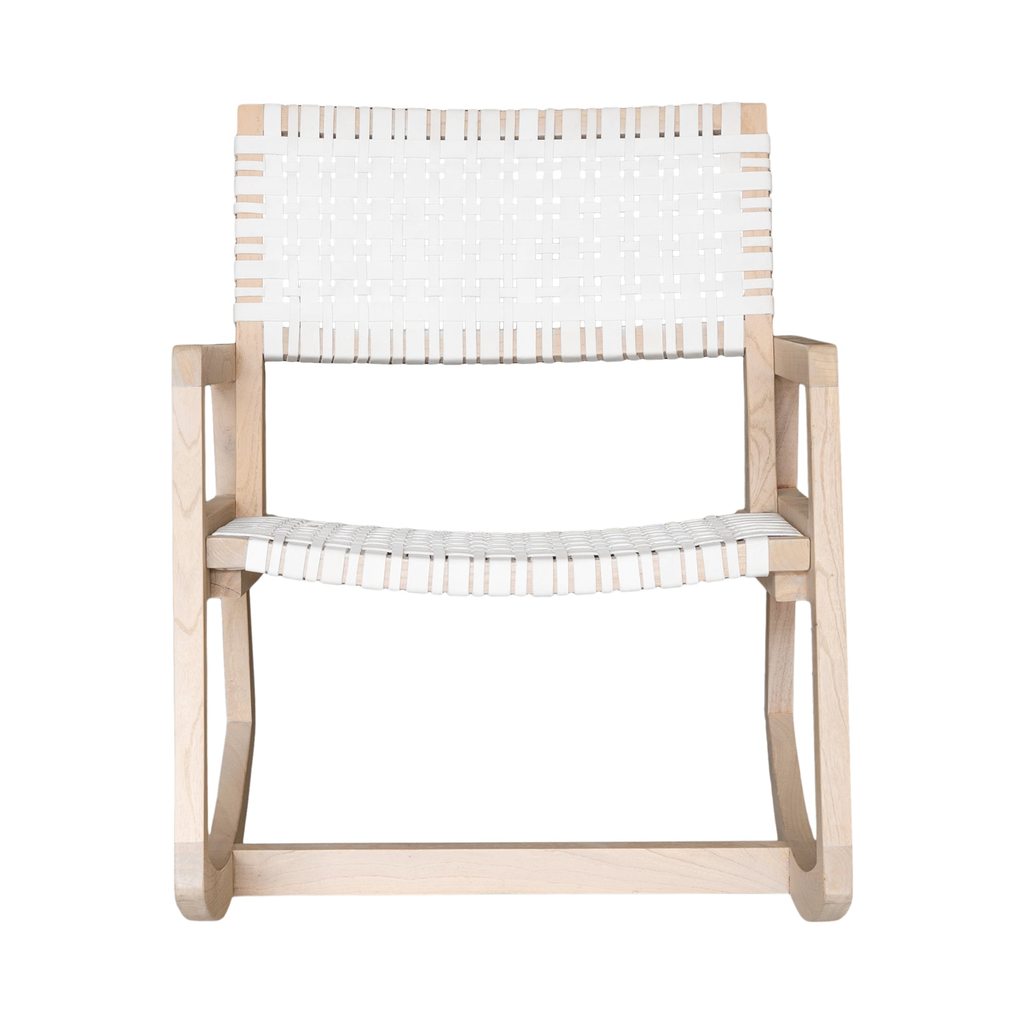 A stylish natural wood rocking chair featuring a woven white leather seat and backrest, blending modern design with organic textures